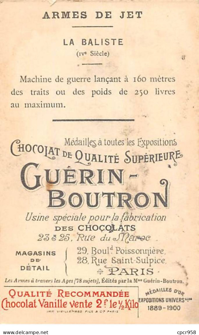 Chromos -COR11927 - Chocolat Guérin-Boutron - Armes De Jet - La Baliste - Hommes - Château -  6x10cm Env. - Guérin-Boutron