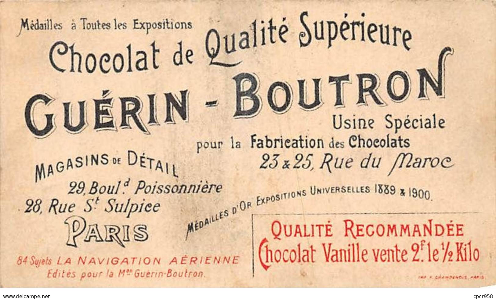 Chromos -COR11902 - Chocolat Guérin-Boutron - Dans Les Airs - Pincher - Appareil à Bras -  6x10cm Env. - Guérin-Boutron