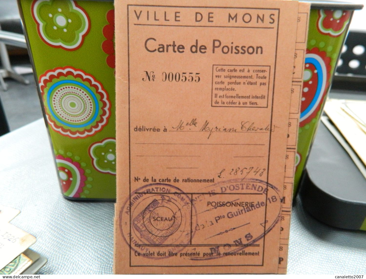 MONS+GUERRE 39/45: CARTE DE RAVITAILLEMENT POUR LE POISSON    DE CHEVALIER MYRIAM  POISSONNERIE D'OSTENDE R.PT GUIRLANDE - Documents