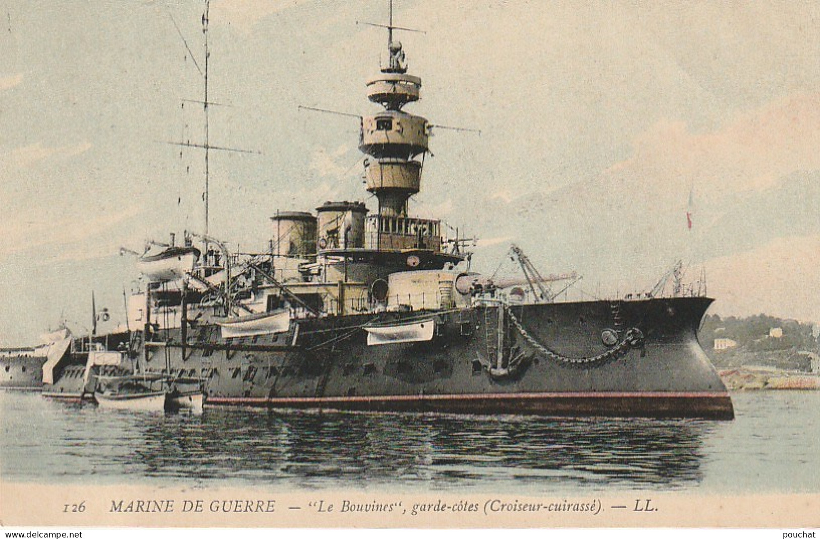 ZY 90- MARINE DE GUERRE - LE BOUVINES , GARDE COTES ( CROISEUR CUIRASSE ) - CARTE COLORISEE - 2 SCANS - Warships