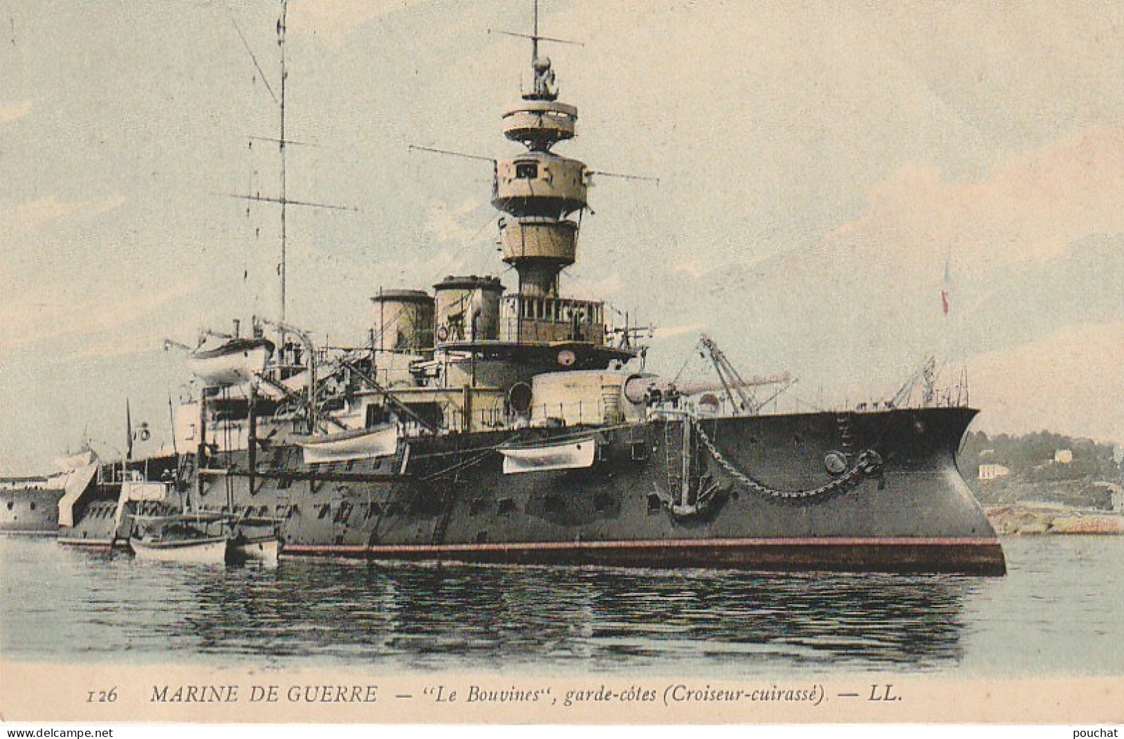 ZY 90- MARINE DE GUERRE - LE BOUVINES , GARDE COTES ( CROISEUR CUIRASSE ) - CARTE COLORISEE - 2 SCANS - Guerre