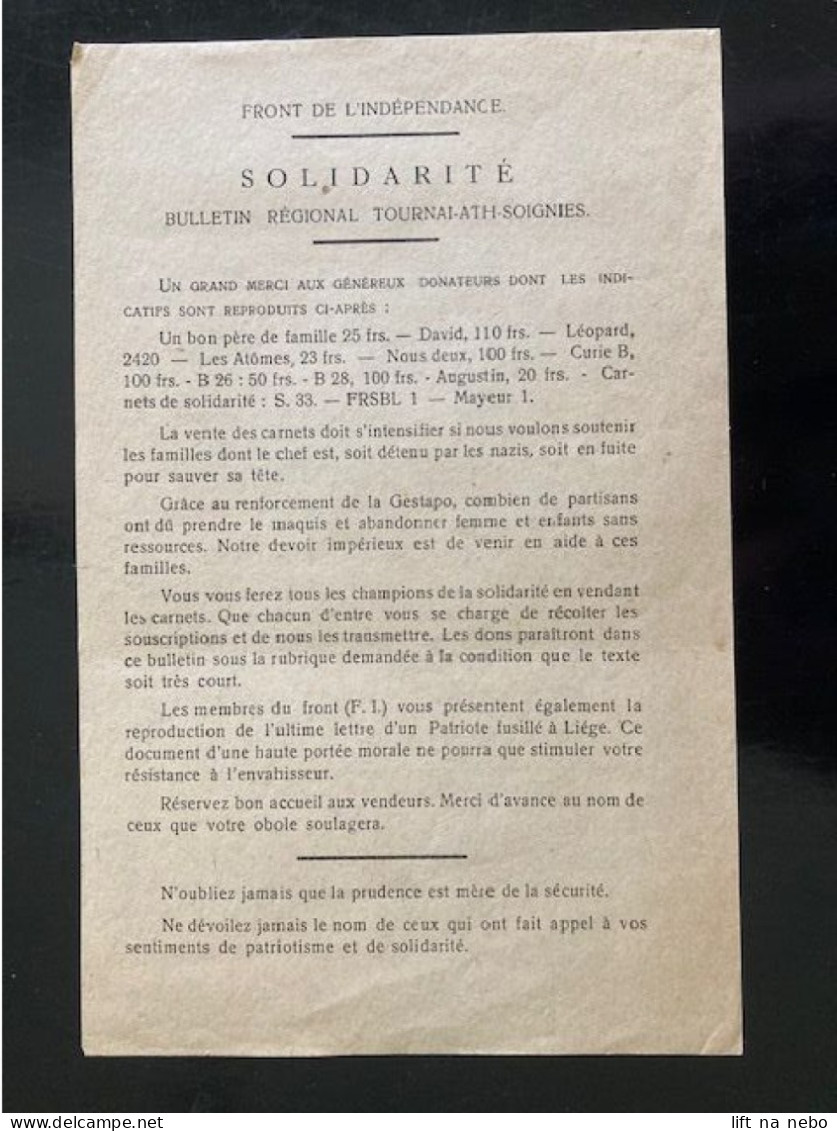 Tract Presse Clandestine Résistance Belge WWII WW2 'Front De L'indépendance / Solidarité' Printed On Both Sides - Documentos