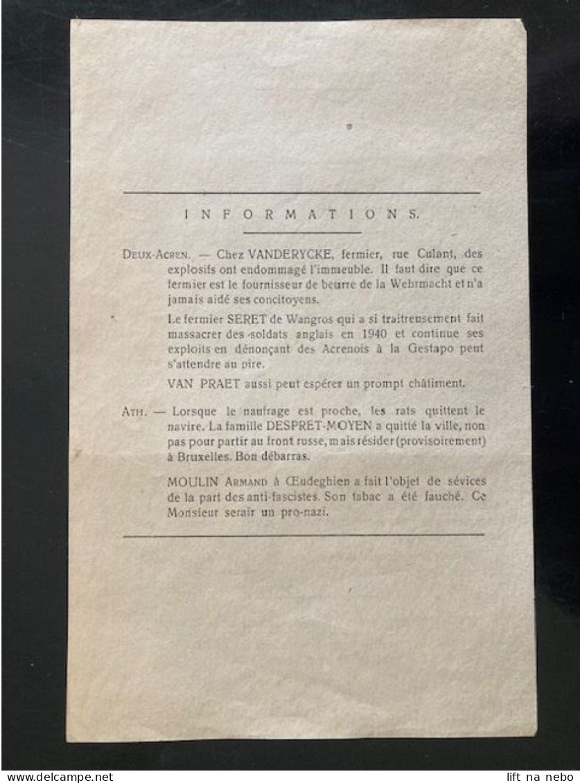 Tract Presse Clandestine Résistance Belge WWII WW2 'Front De L'indépendance / Solidarité' Printed On Both Sides - Documents