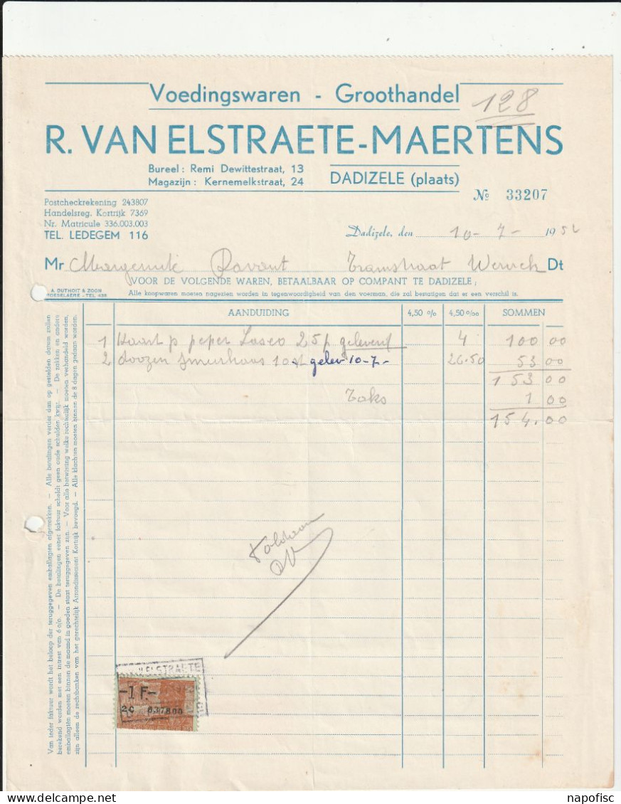 104-R.Van Elstraete-Maertens...Voedingswaren Groothandel.. .Dadizele...België-Belgique...1952 - Lebensmittel