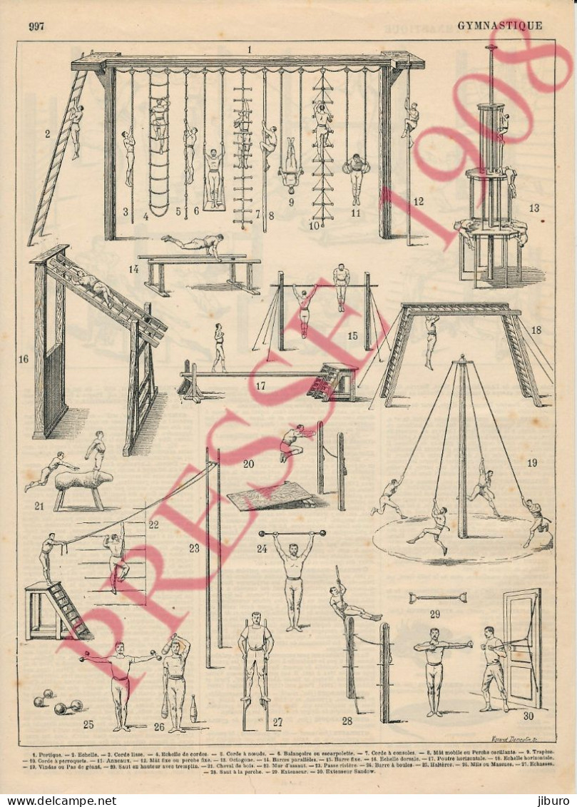 2 Vues Planche 1908 Gymnastique Sport Vintage Salle De Gymnastes Poids Et Haltères Echasses Barres Parallèles Barre Fixe - Sonstige & Ohne Zuordnung