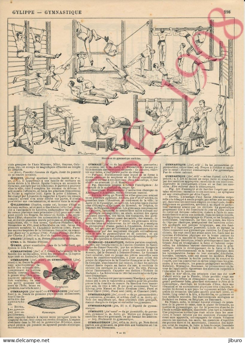 2 Vues Planche 1908 Gymnastique Sport Vintage Salle De Gymnastes Poids Et Haltères Echasses Barres Parallèles Barre Fixe - Other & Unclassified