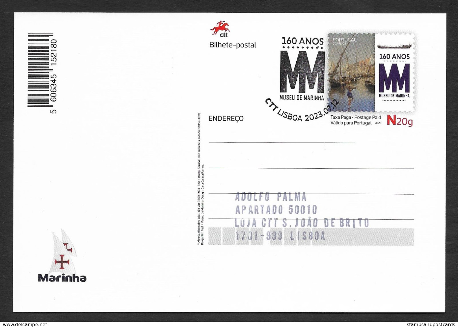 Portugal Entier Postal 2023 Musée De La Marine Cachet Navy Museum Stationery Pmk Bateau Moulin Ship Windmill - Postwaardestukken
