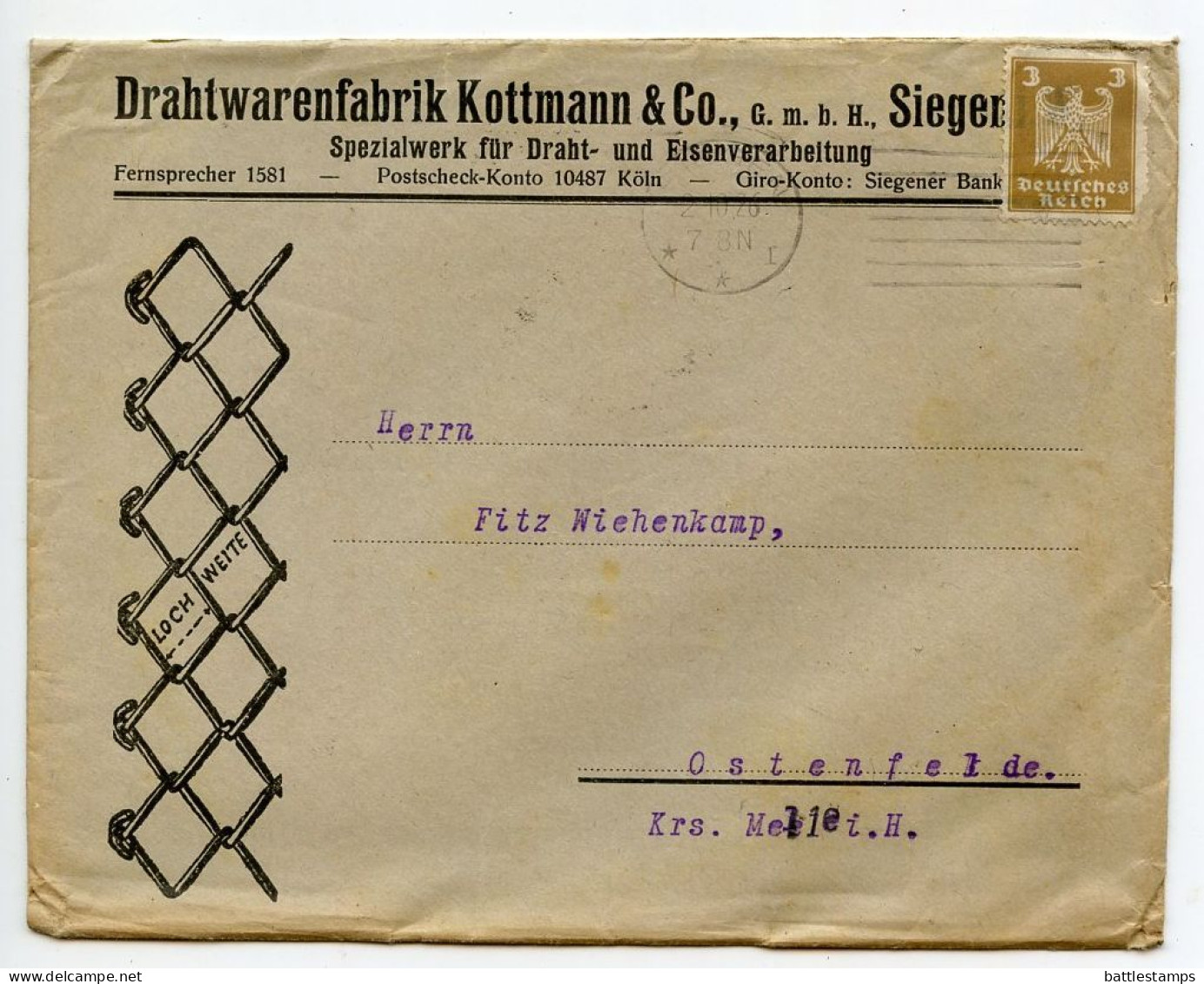Germany 1926 Cover W/ Advertisements; Siegen - Drahtwarenfabrik Kottmann & Co. (Wire Products Factory); 3pf German Eagle - Covers & Documents