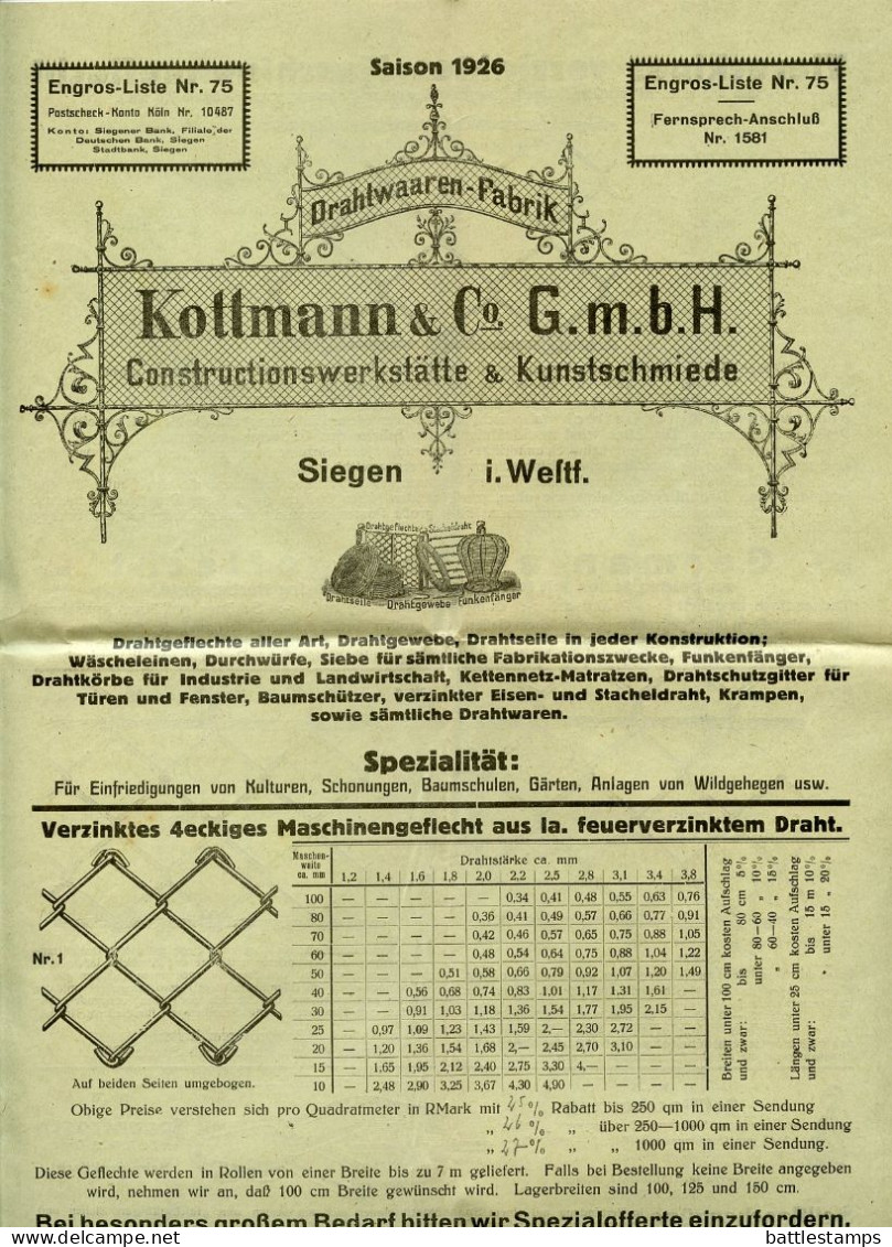 Germany 1926 Cover W/ Advertisements; Siegen - Drahtwarenfabrik Kottmann & Co. (Wire Products Factory); 3pf German Eagle - Covers & Documents