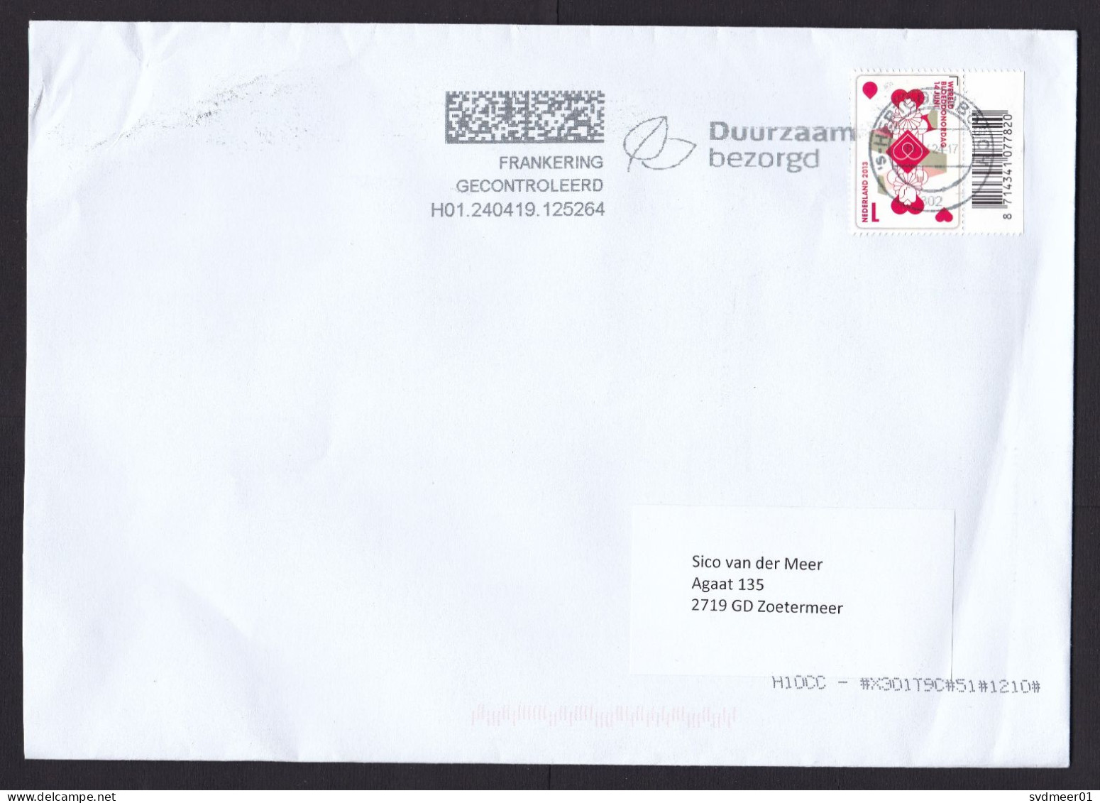 Netherlands: Cover, 2024, 1 Stamp, Blood Donation, Playing Card, Health, Postage Control Cancel (minor Creases) - Briefe U. Dokumente