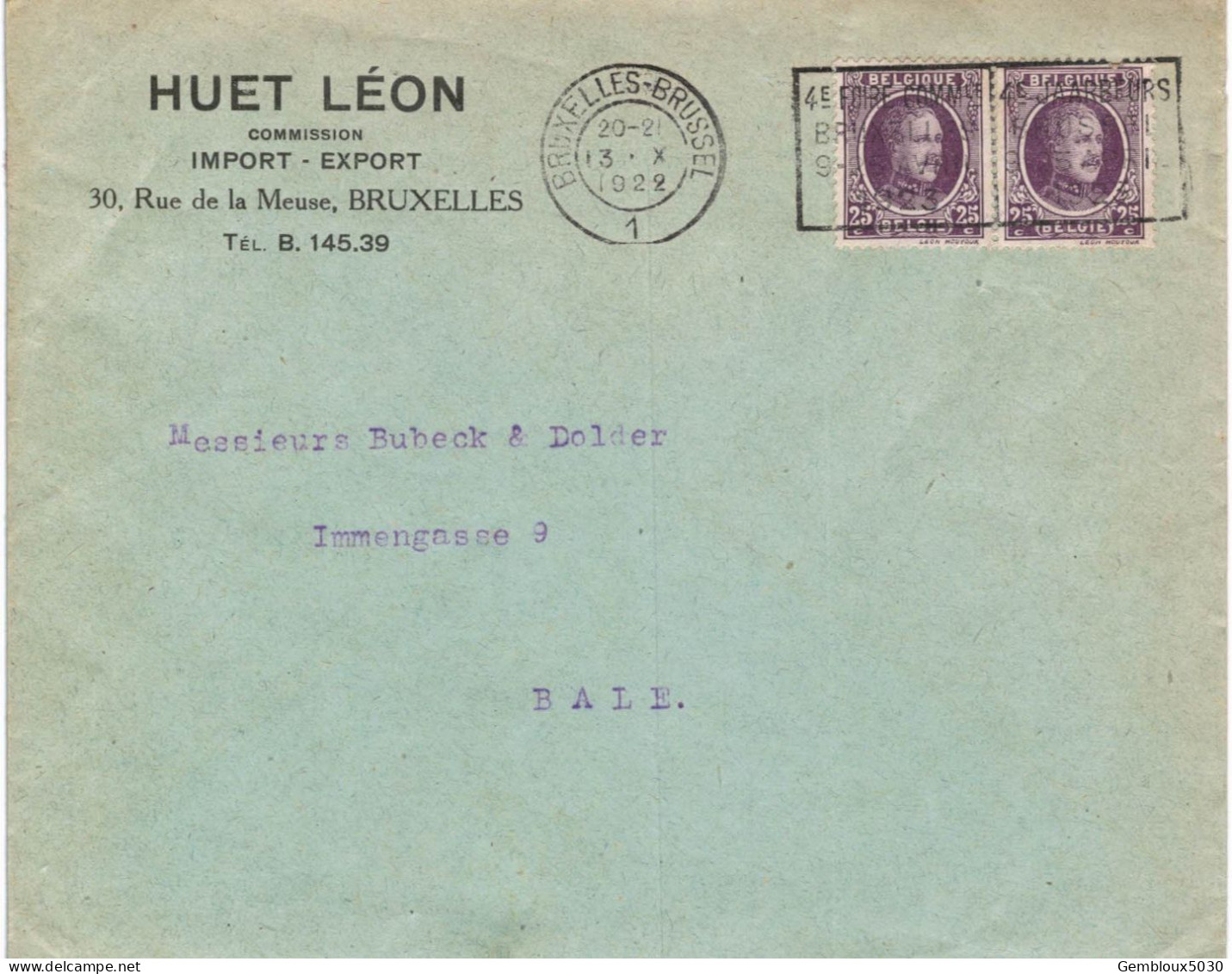 (01) Belgique  2 X N° 197  Sur Enveloppe écrite De Bruxelles Vers Bâle Suisse - 1922-1927 Houyoux