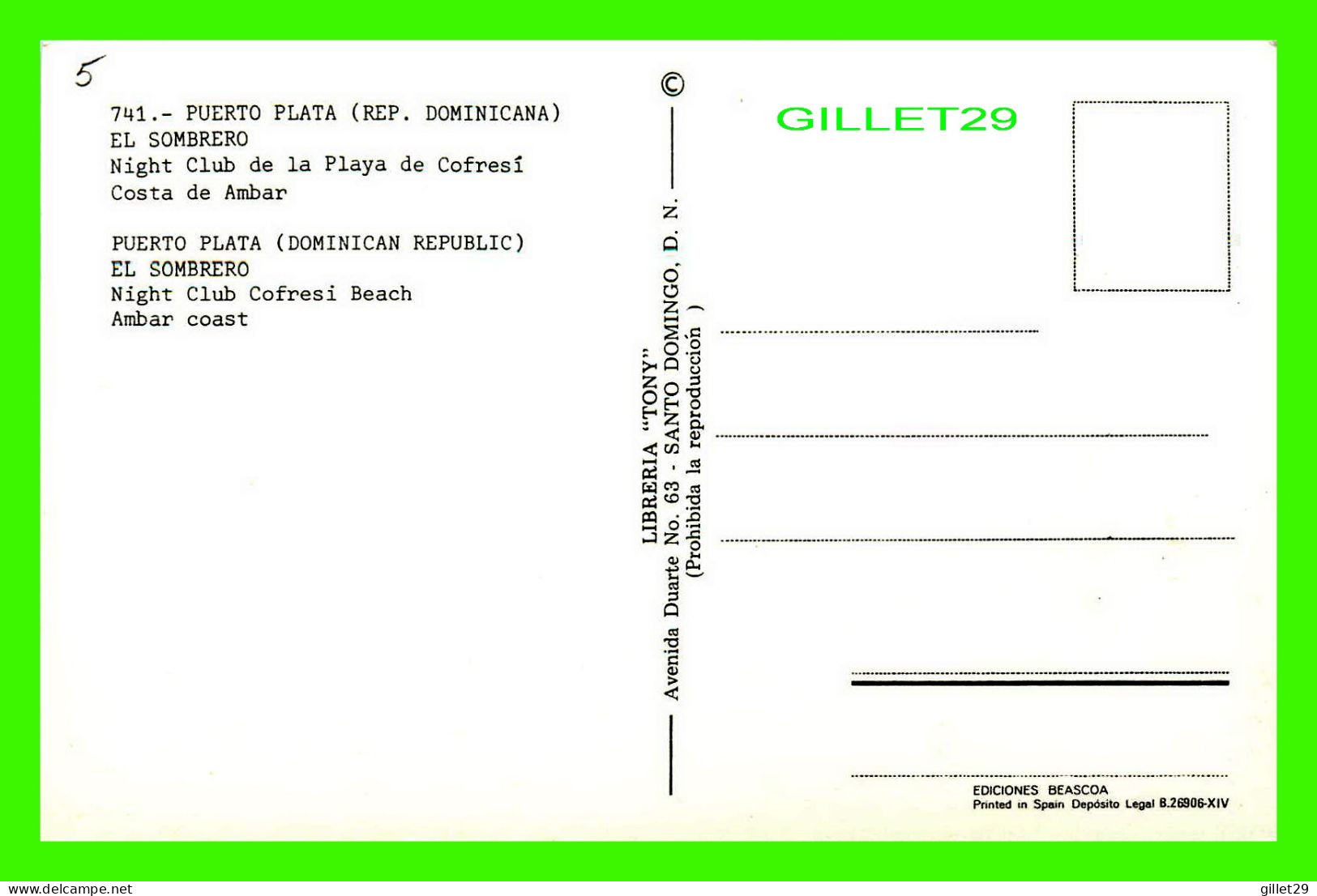PUERTO PLATA, DOMINICAN REPUBLIC - EL SOMBRERO - NIGHT CLUB COFRESI BEACH, AMBAR COAST - LIBRERIA TONY - - República Dominicana
