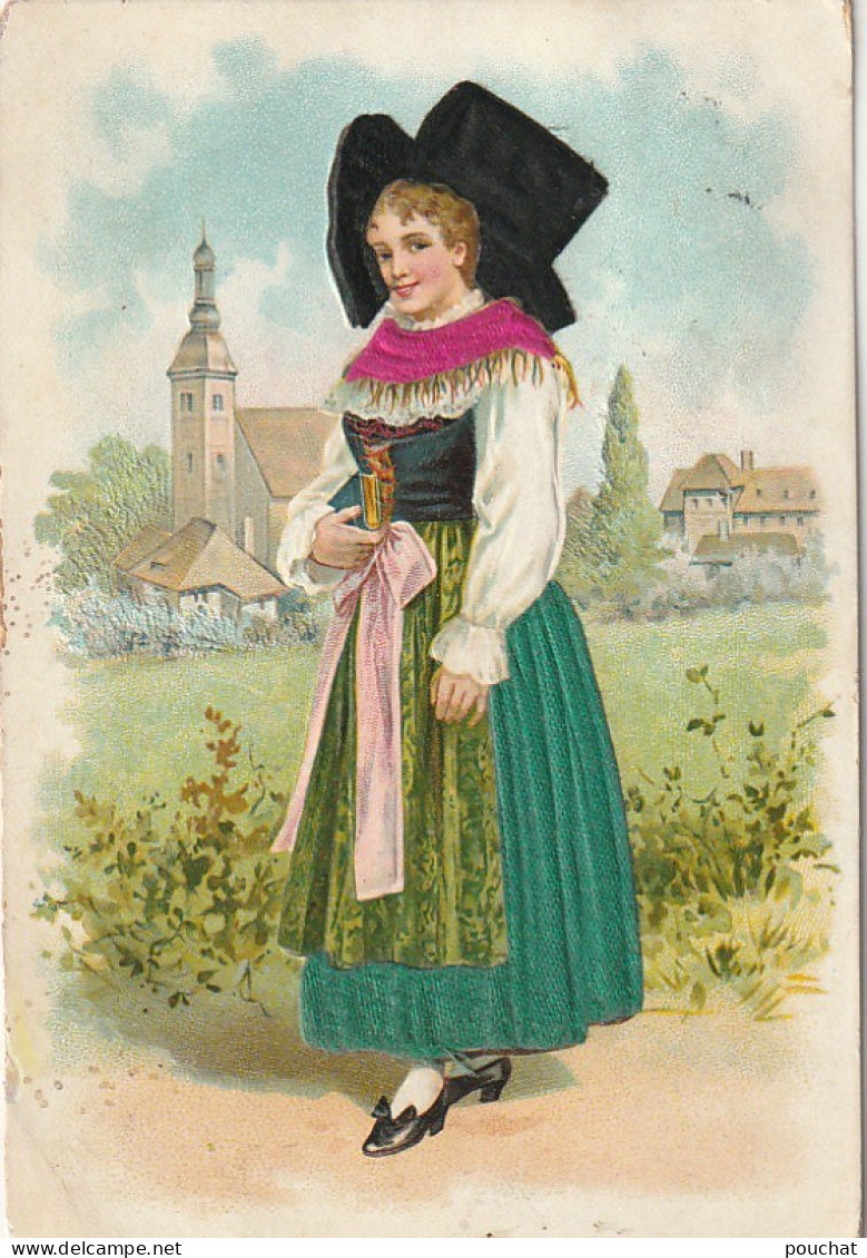 ZY 100-  COSTUME ALSACIEN - ALSACIENNE ALLANT A L' EGLISE , MISSEL  - CARTE GAUFREE AVEC COLLAGE TISSU -  - Alsace