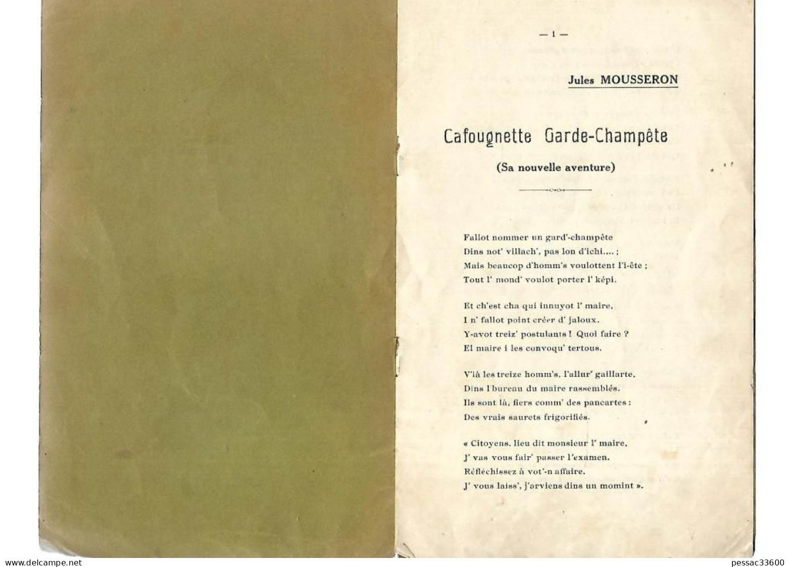 Cafougnette Garde-Champête (sa Nouvelle Aventure) Jules Mousseron  En Patois 3 Pages Imprimerie G. Rolier 1930 - Picardie - Nord-Pas-de-Calais