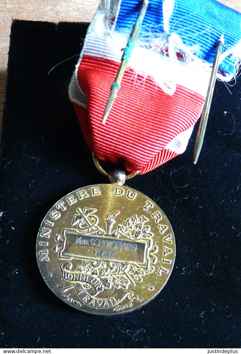 MEDAILLE DU TRAVAIL DOREE AVEC ROSETTE ET RUBAN DE 1987 - Professionals / Firms