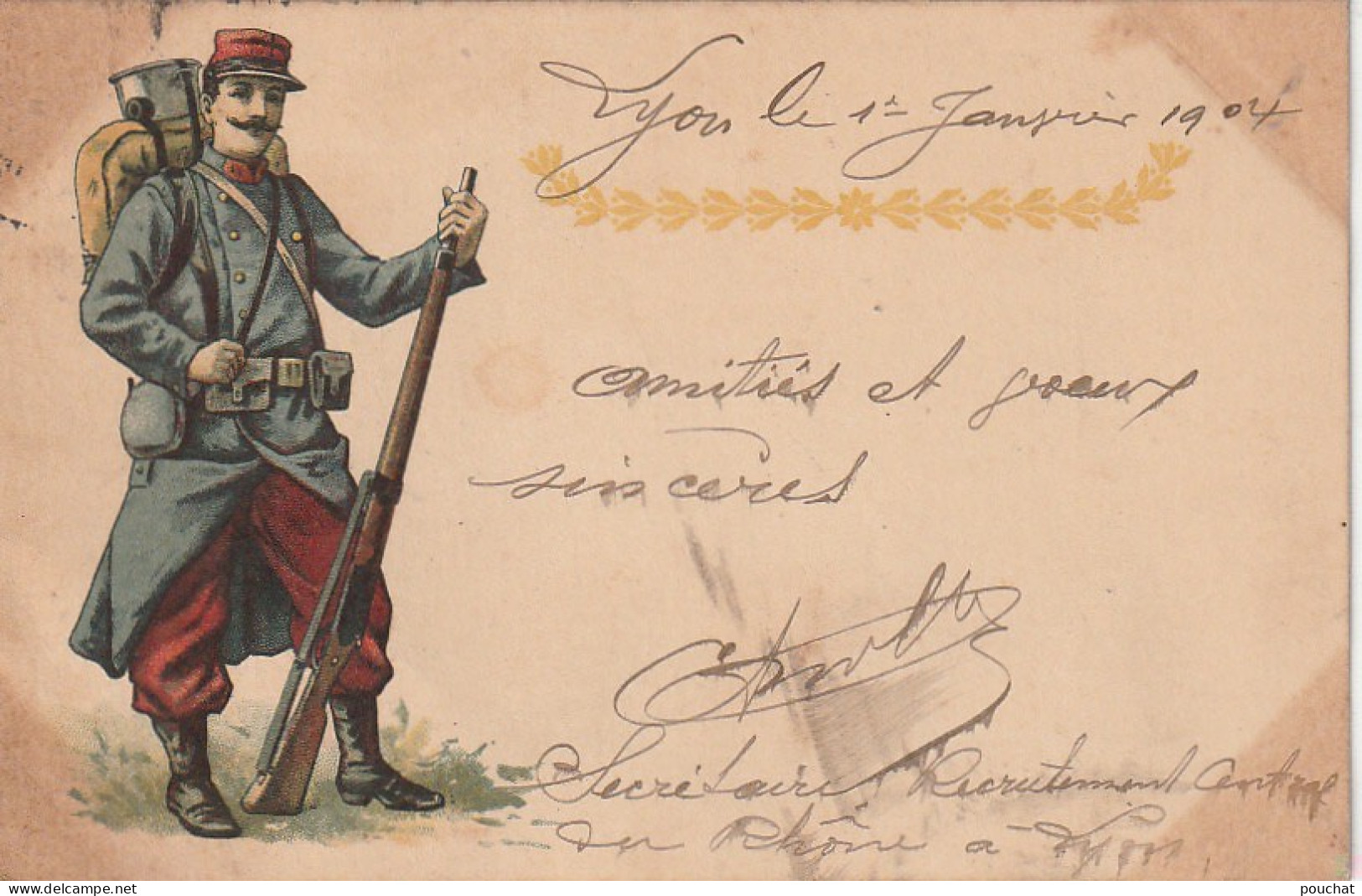 ZY 101-(69) BONNE ANNEE ( CORRESPONDANCE LYON 01/01/1904 ) - POILU AVEC BARDA - ILLUSTRATEUR - 2 SCANS - Other & Unclassified