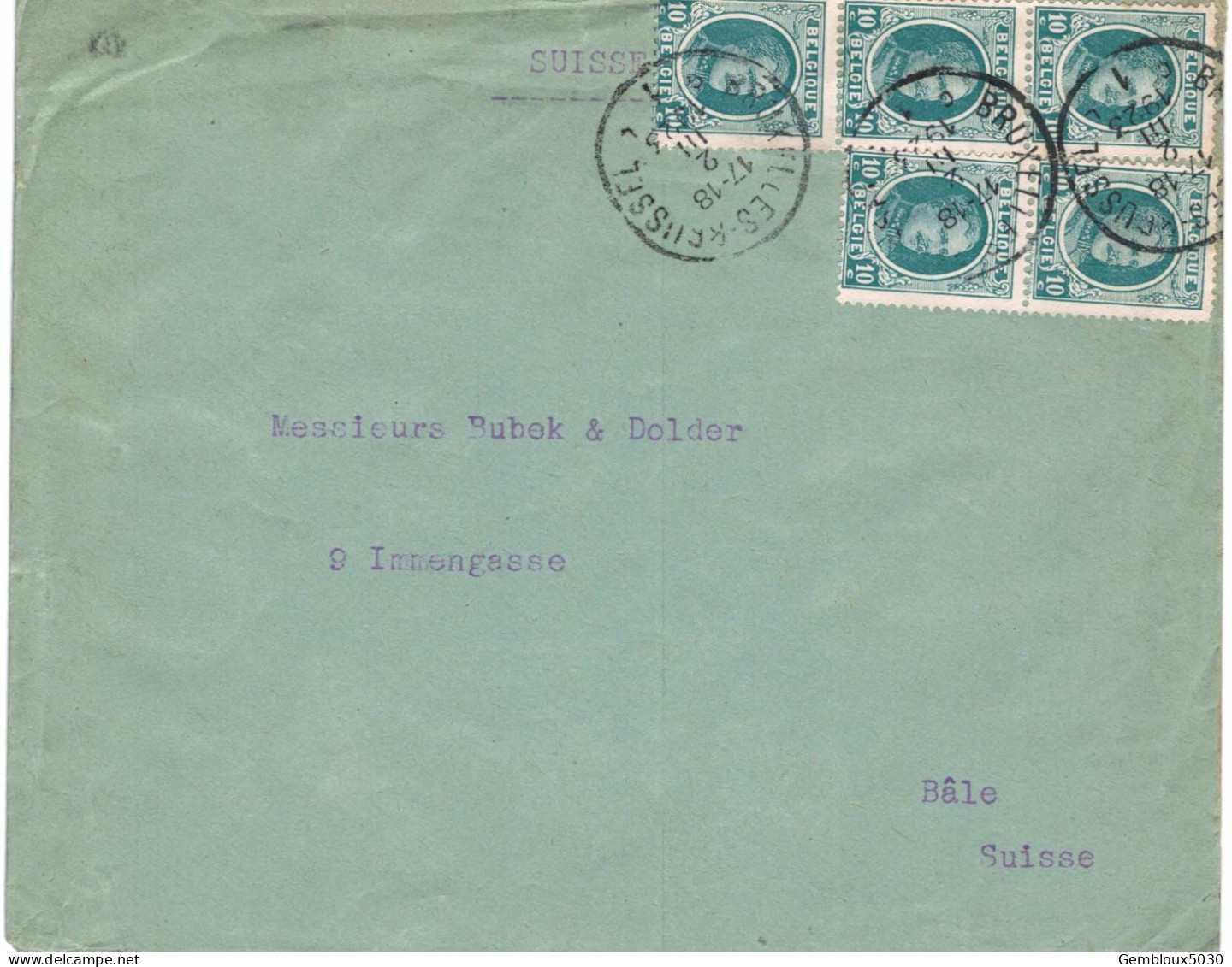 (01) Belgique  5 X N° 194  Sur Enveloppe écrite De Bruxelles Vers Bâle Suisse - 1922-1927 Houyoux