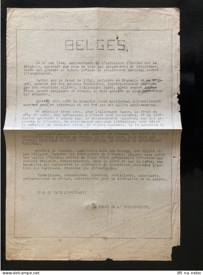 Tract Presse Clandestine Résistance Belge WWII WW2 'Belges' Le 10 Mai 1944, Anniversaire De L'agression D'Hitler Sur... - Documentos