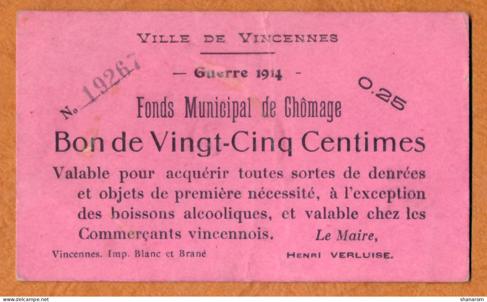 1914-1918 // VILLE DE VINCENNES (Val De Marne 94) // FONDS MUNICIPAL DE CHOMAGE // Bon De Vingt Cinq Centimes - Bonds & Basic Needs