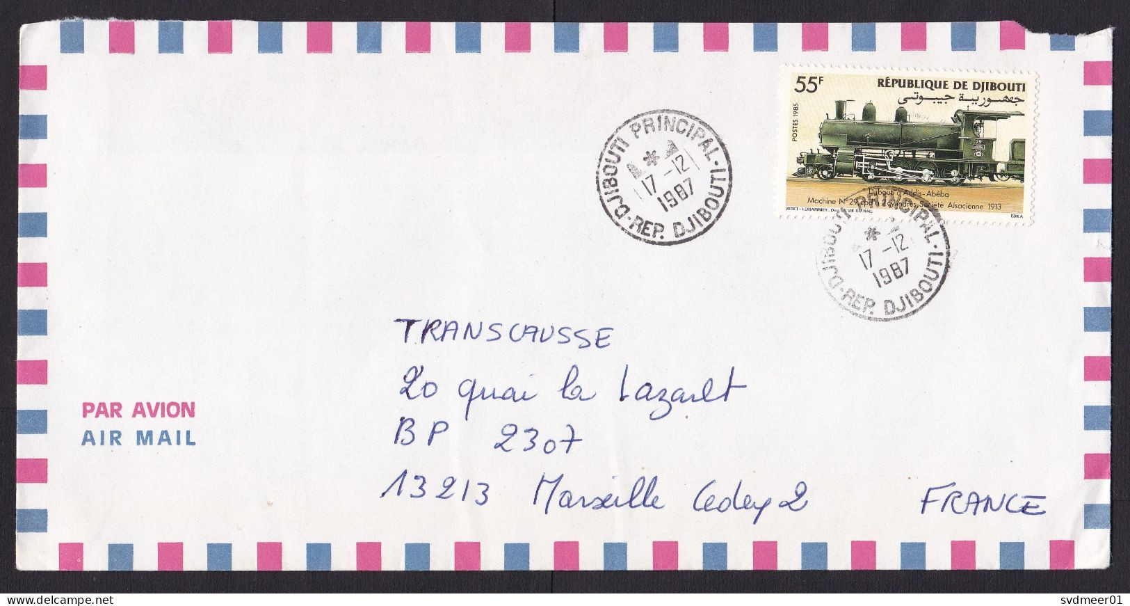 Djibouti: Airmail Cover To France, 1987, 1 Stamp, Train, Steam Locomotive, Railways, Rare Real Use (damaged At Back) - Djibouti (1977-...)