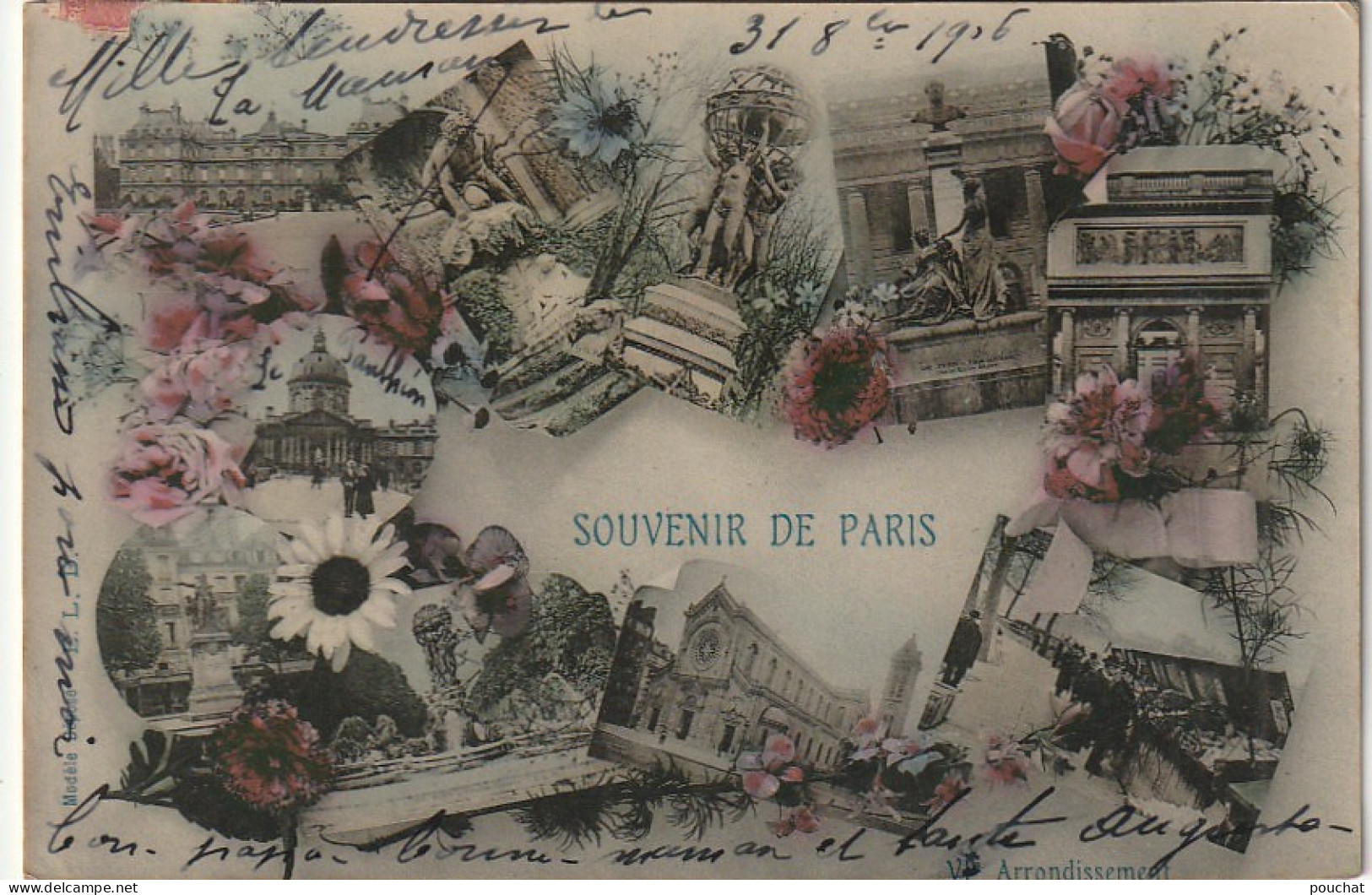 ZY 111-(75) SOUVENIR DE PARIS - CARTE FANTAISIE  COLORISEE MULTIVUES - DECOR FLORAL - 2 SCANS - Cartas Panorámicas