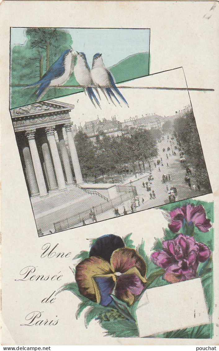 ZY 111-(75) UNE PENSEE DE PARIS - CARTE FANTAISIE  AVEC HIRONDELLES ET PENSEES - 2 SCANS - Other Monuments