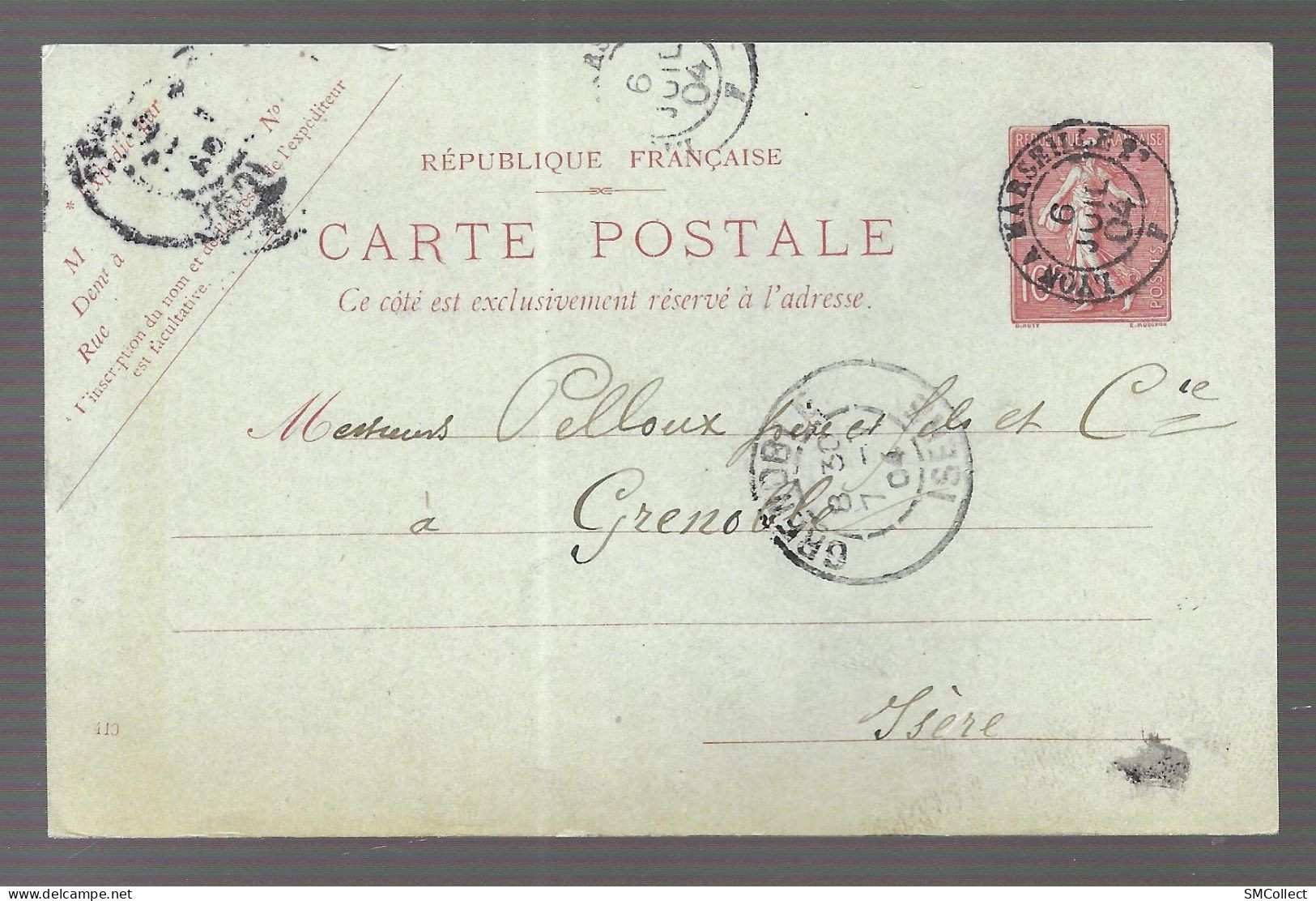 Cachet Convoyeur Rond Lyon à Marseille, De Juillet 1904 Sur Entier Postal Semeuse Lignée 10 Centimes Rouge (13682) - Bahnpost