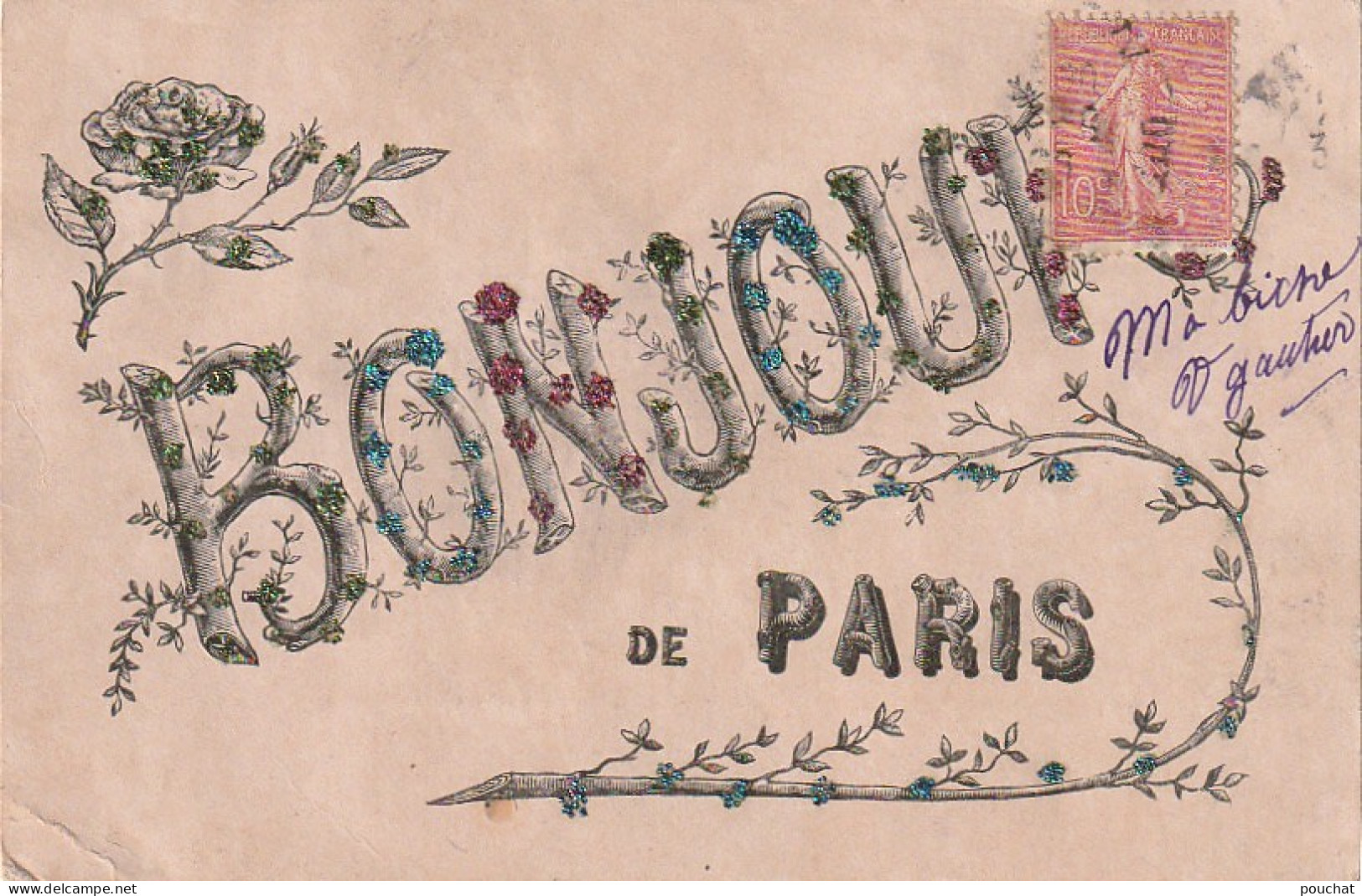 ZY 112-(75) BONJOUR DE PARIS - CARTE FANTAISIE AVEC AJOUT DE BRILLANTS COLORES - 2 SCANS - Otros & Sin Clasificación