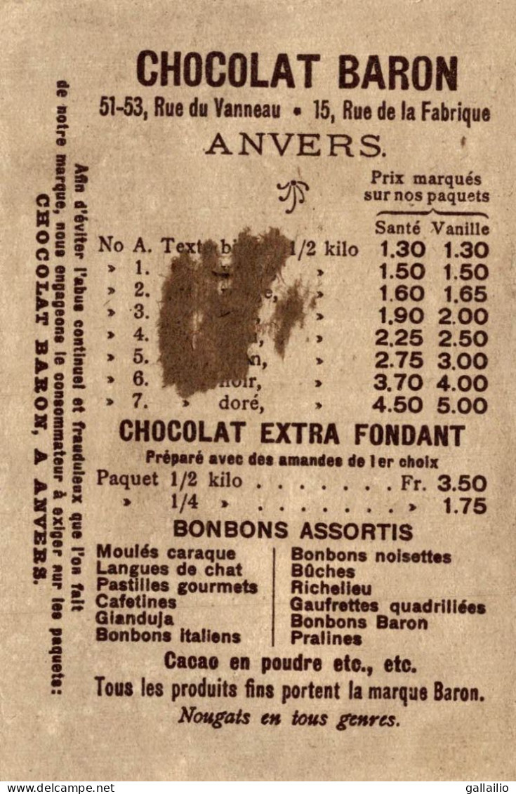 CHROMO CHOCOLAT BARON ANVERS SOUABE - Otros & Sin Clasificación