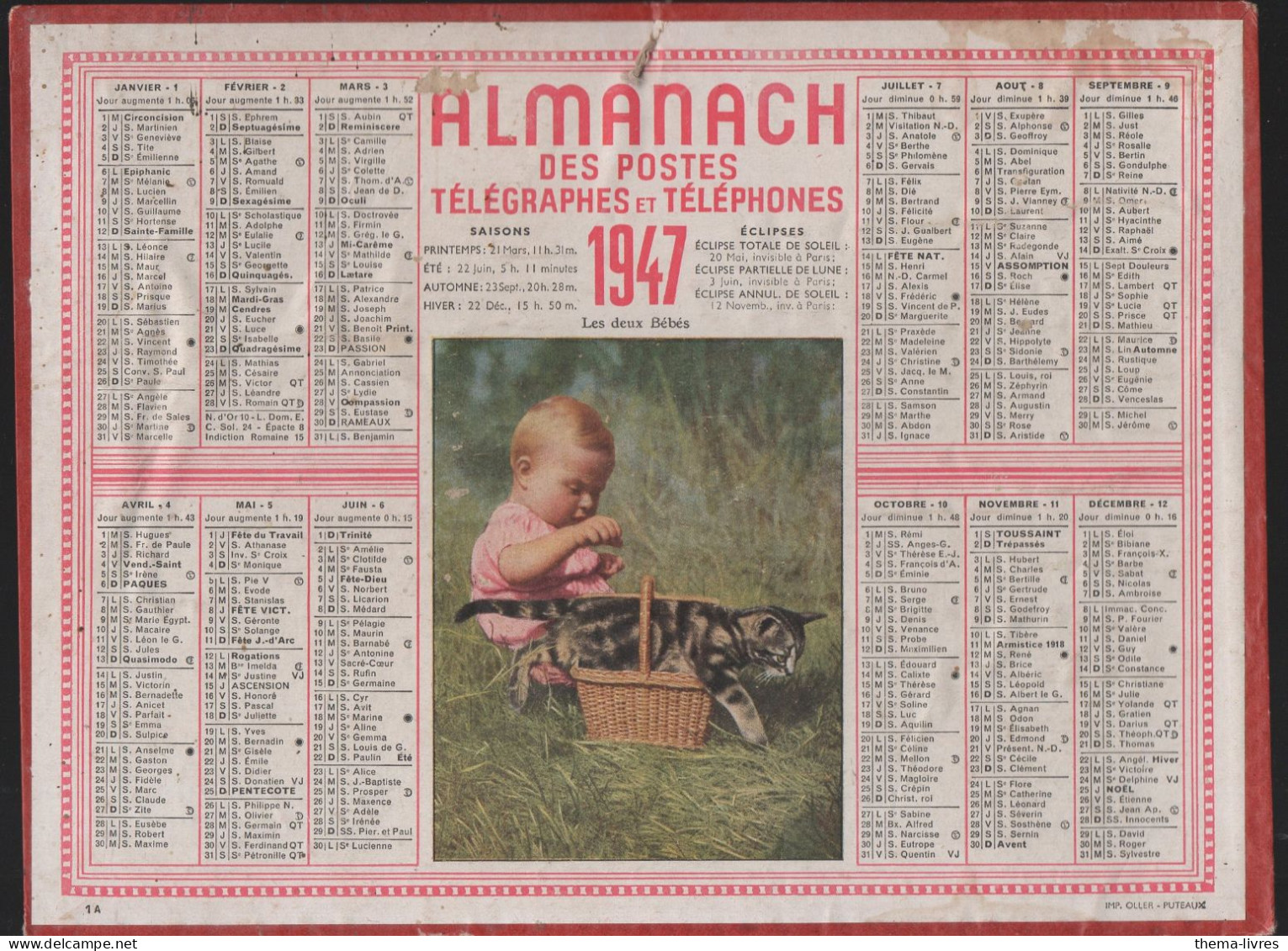 Calendrier PTT 1947 :/imp Oller    Complet De Ses Feuillets ; (CAL PTT 1947M) - Groot Formaat: 1941-60