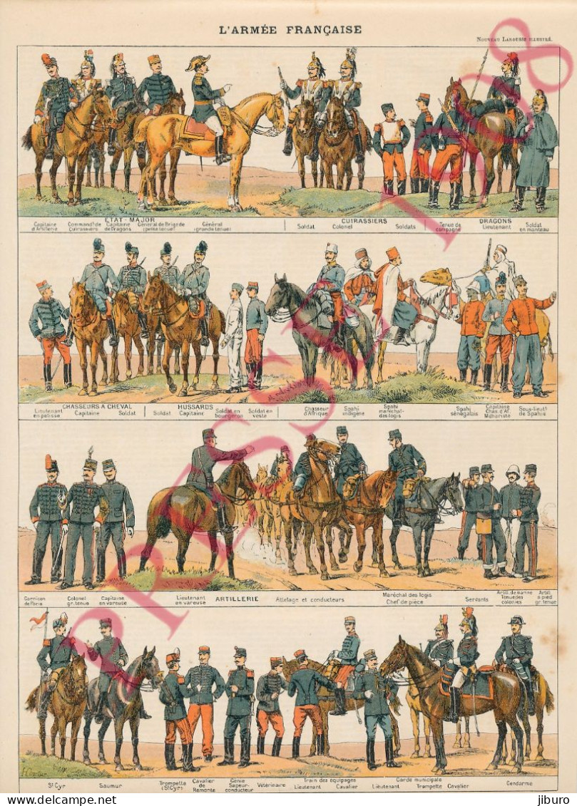 Planche 1908 Armée Française Uniformes Etat-Major Cuirassiers Dragons Chasseurs à Cheval Hussards Artillerie - Autres & Non Classés