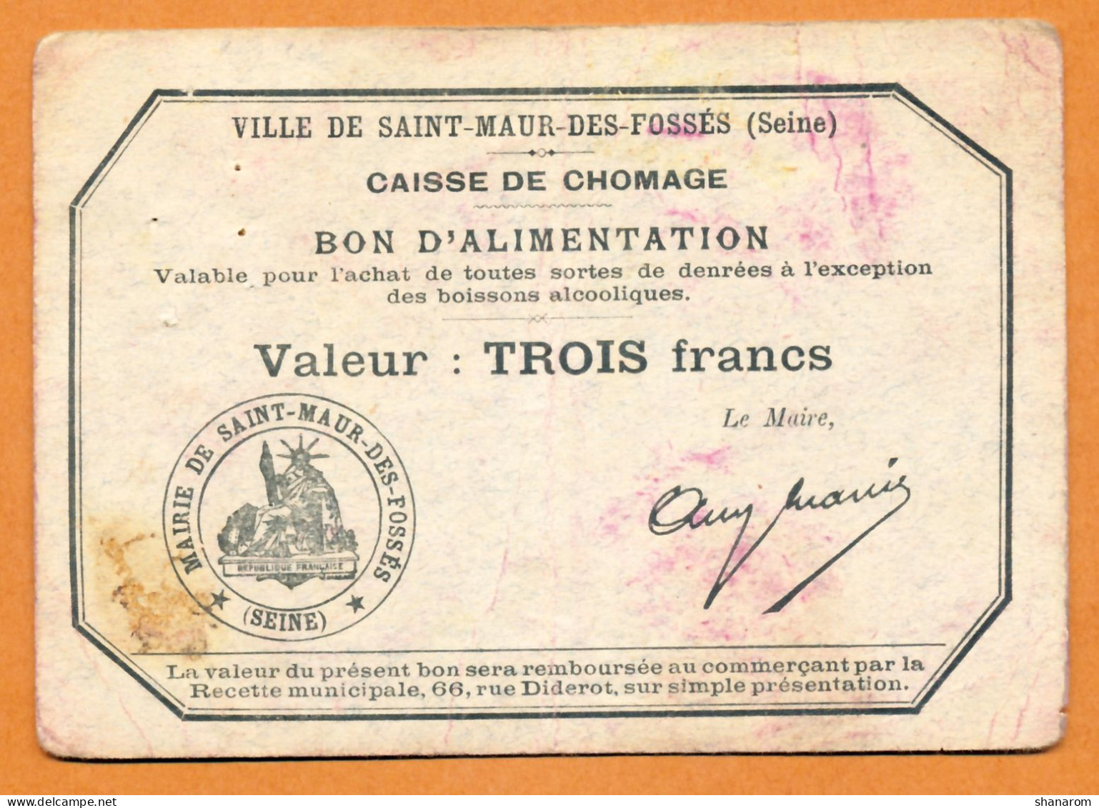 1914-1918 // VILLE DE SAINT MAUR DES FOSSES (Val De Marne 94) // CAISSE DE CHOMAGE // Bon De Trois Francs - Bons & Nécessité