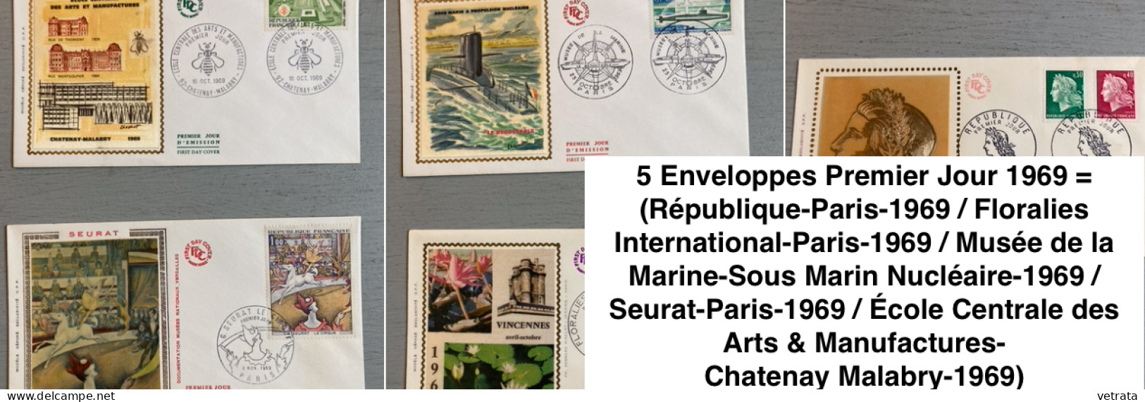 5 Enveloppes Premier Jour 1969 = (République-Paris-1969 / Floralies International-Paris-1969 / Musée De La Marine-Sous M - Autres & Non Classés