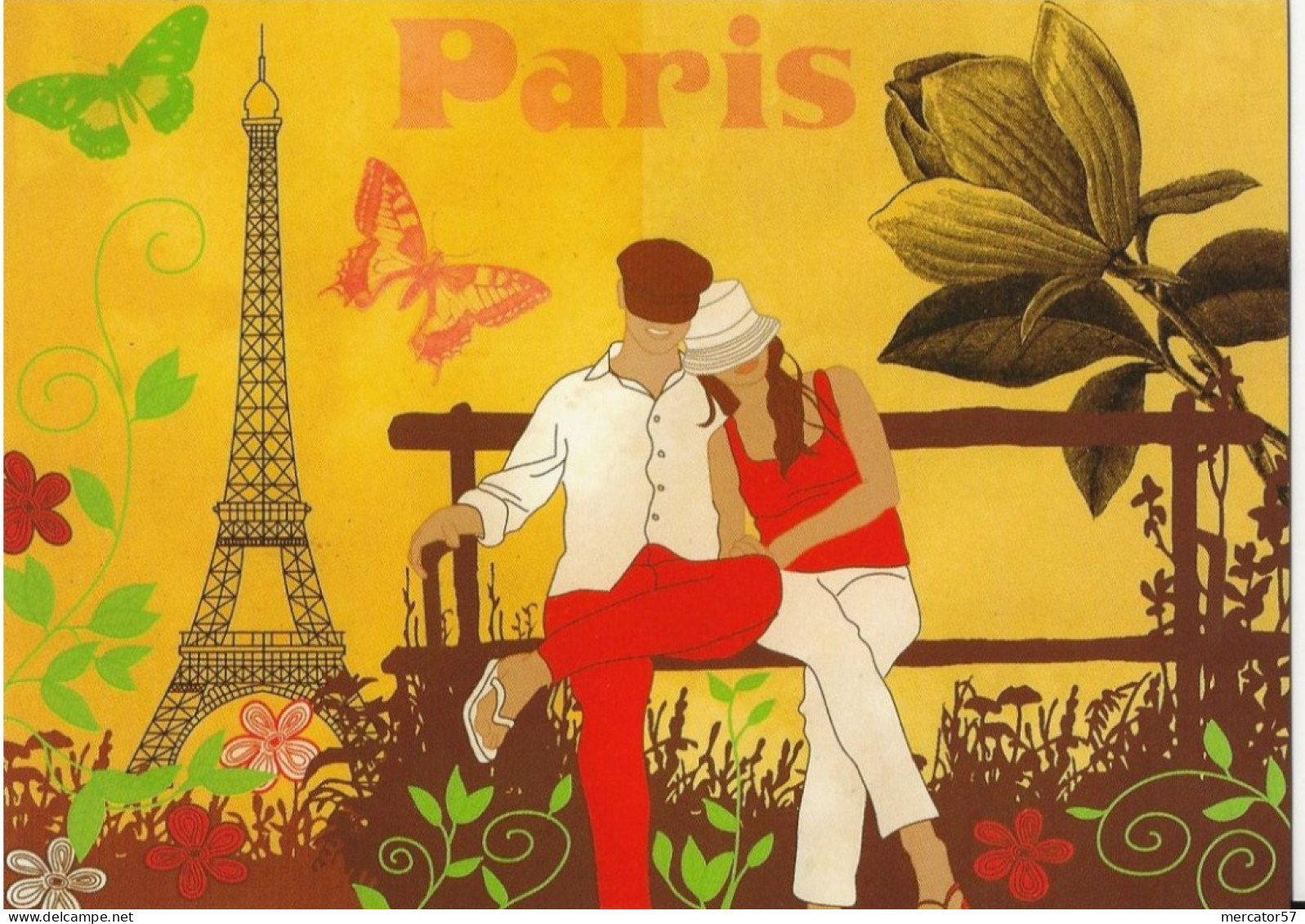 CPM PARIS Tour Eiffel , Flânerie Romantique Avec Amoureux Sur Un Banc Public, Fleurs Et Papillons - Zeitgenössisch (ab 1950)