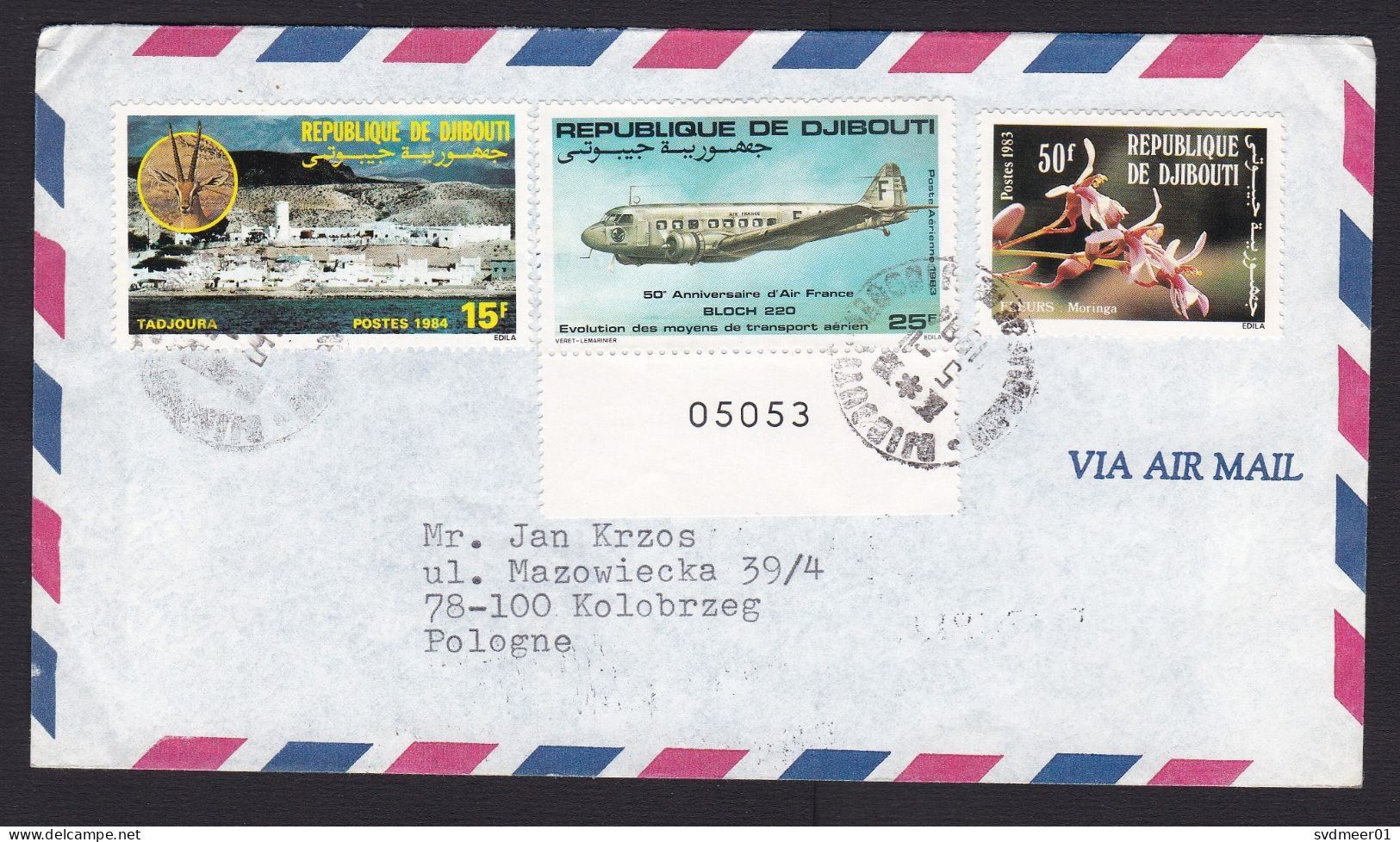Djibouti: Airmail Cover To Poland, 1984, 3 Stamps, Orchid Flower, Airplane, Herritage, Rare Real Use (traces Of Use) - Yibuti (1977-...)