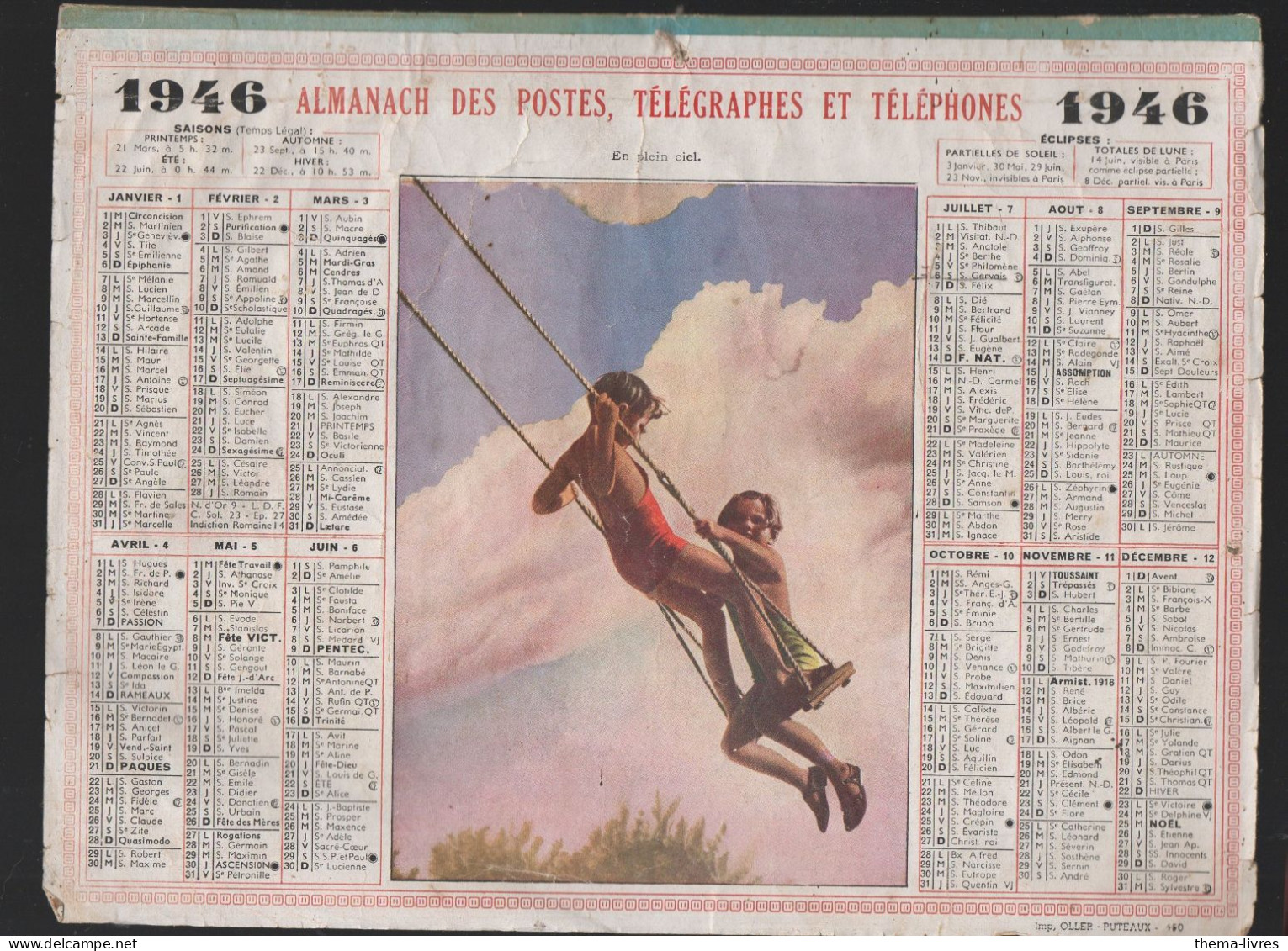 Calendrier PTT(papier)  1946 :/imp Oller    Complet De Ses Feuillets ; (CAL PTT 1946M) - Grand Format : 1941-60