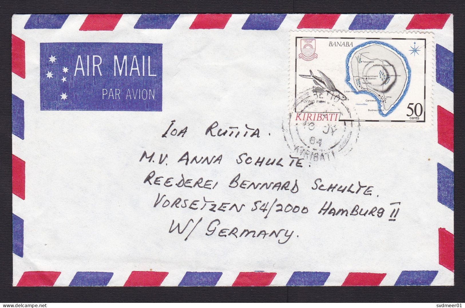 Kiribati: Airmail Cover To Germany, 1984, 1 Stamp, Island Map, Flying Fish, Rare Real Use (damaged At Back) - Kiribati (1979-...)