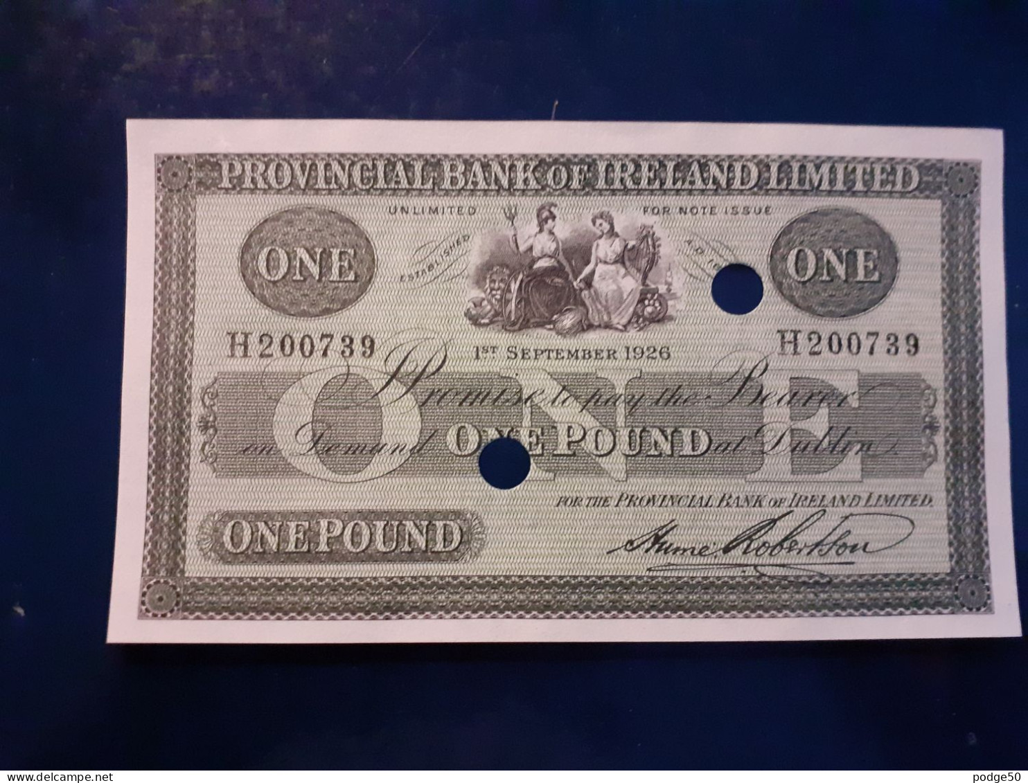 PROVINCIAL BANK OF IRELAND 1926 UNCIRCULATED CANCELLED £1 - 1 Pound