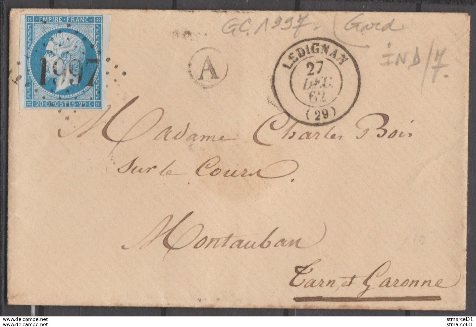 USAGE PRECOCE Du LGC 22/12/1862 Sur N°14B Sur AZURE LUXE - 1853-1860 Napoléon III.