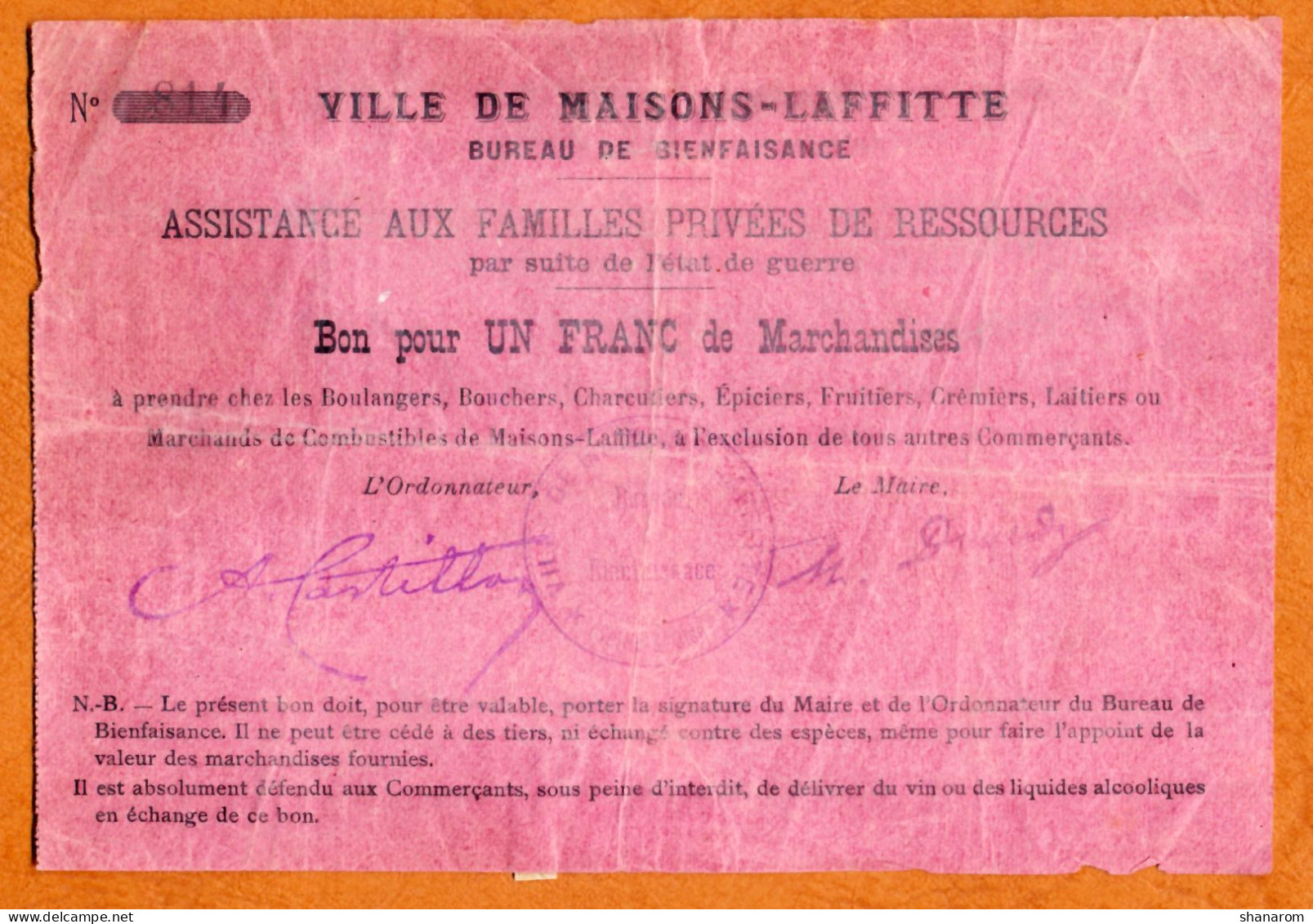 1914-1918 // VILLE DE MAISONS-LAFFITTE (78) // ASSISTANCE AUX FAMILLES PRIVEES DE RESSOURCES // Bon Pour Un Franc - Bonos