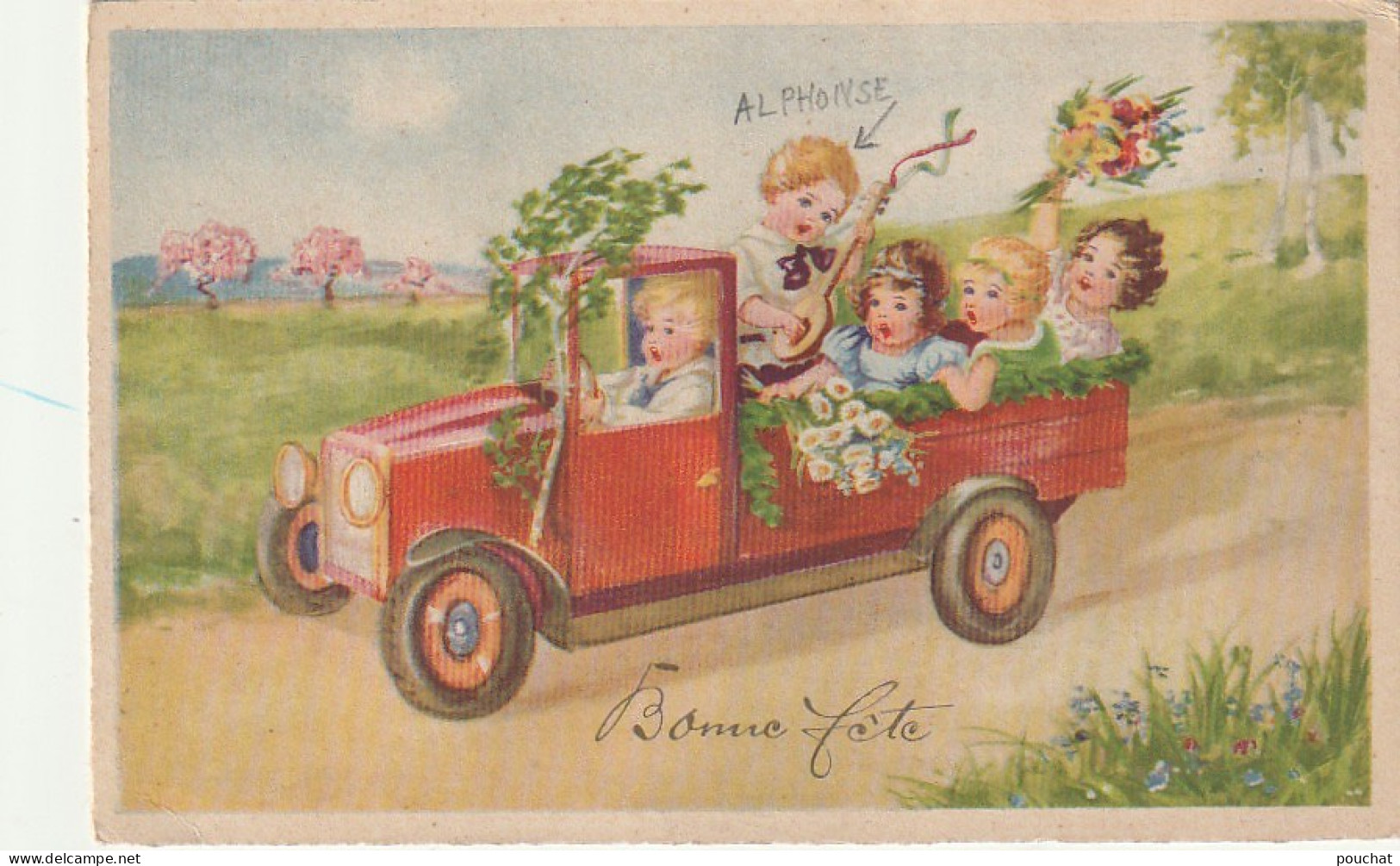 ZY 126- " BONNE FETE " - GROUPE D' ENFANTS AVEC MANDOLINE DANS CAMION - ILLUSTRATEUR - 2 SCANS - Sonstige & Ohne Zuordnung