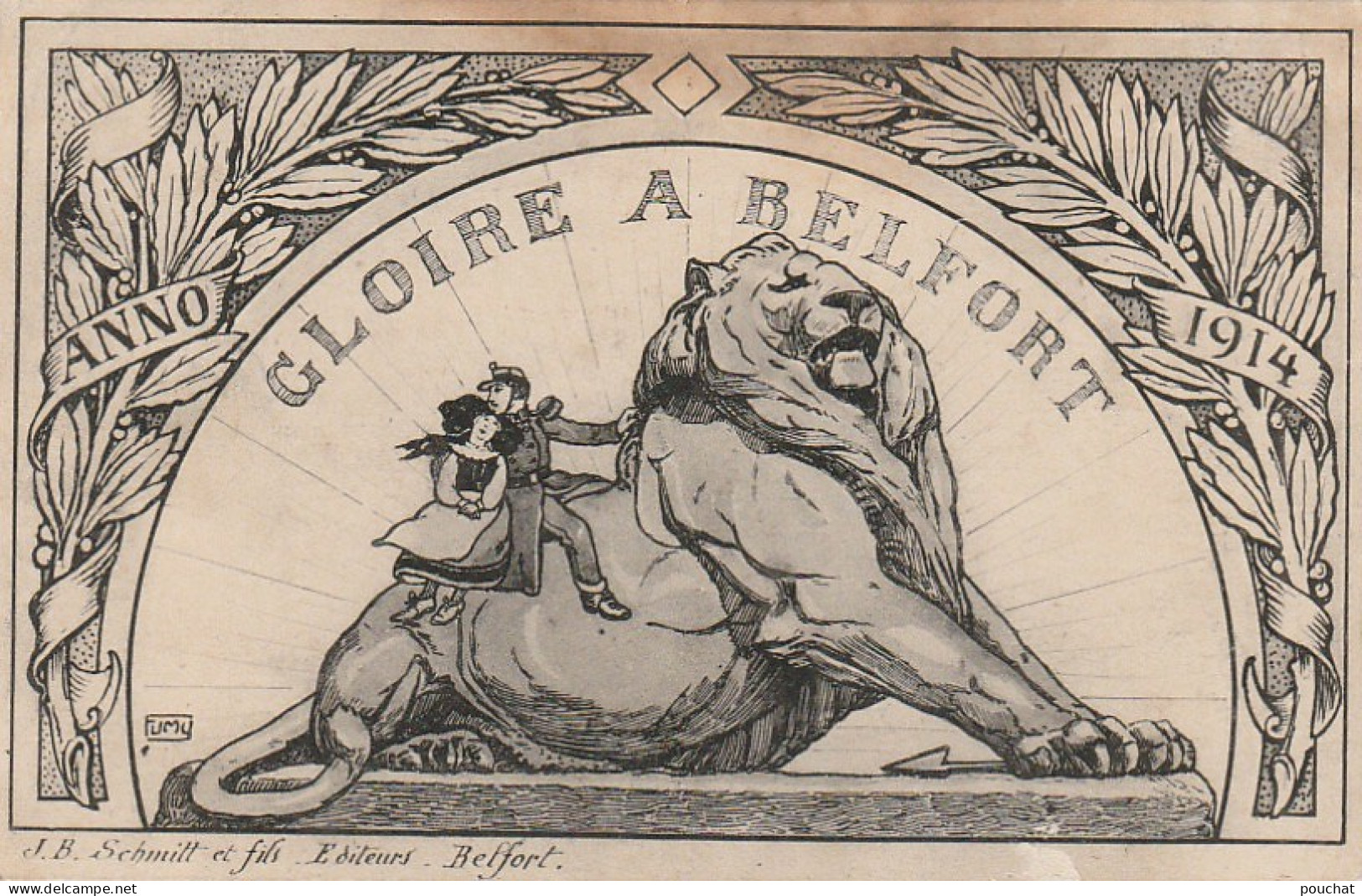 ZY 129-(90) " GLOIRE A BELFORT " ANNO 1914 - GRAVURE PATRIOTIQUE - TAMPON 96e REGIMENT TERRITORIAL D' INFANTERIE  - Belfort – Le Lion