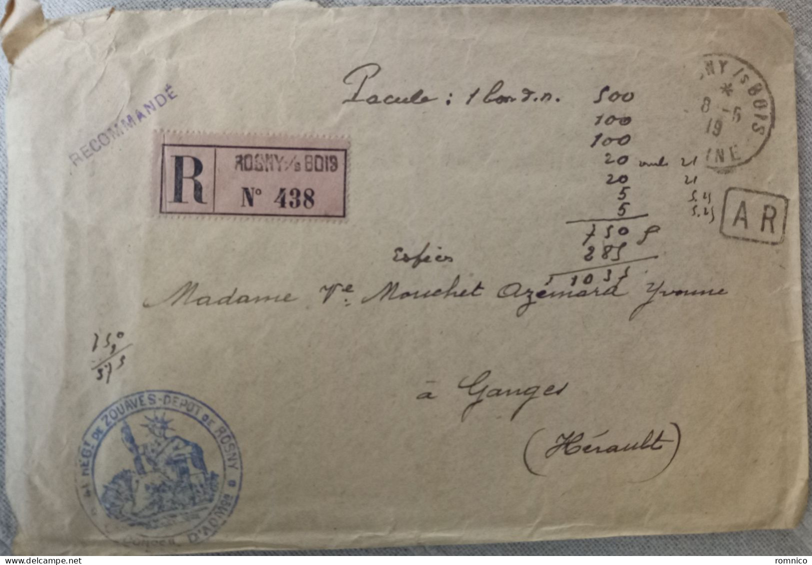 Cachet Sur Lettre 4 Eme Rgt De Zouaves Depot De Rosny - 1921-1960: Période Moderne