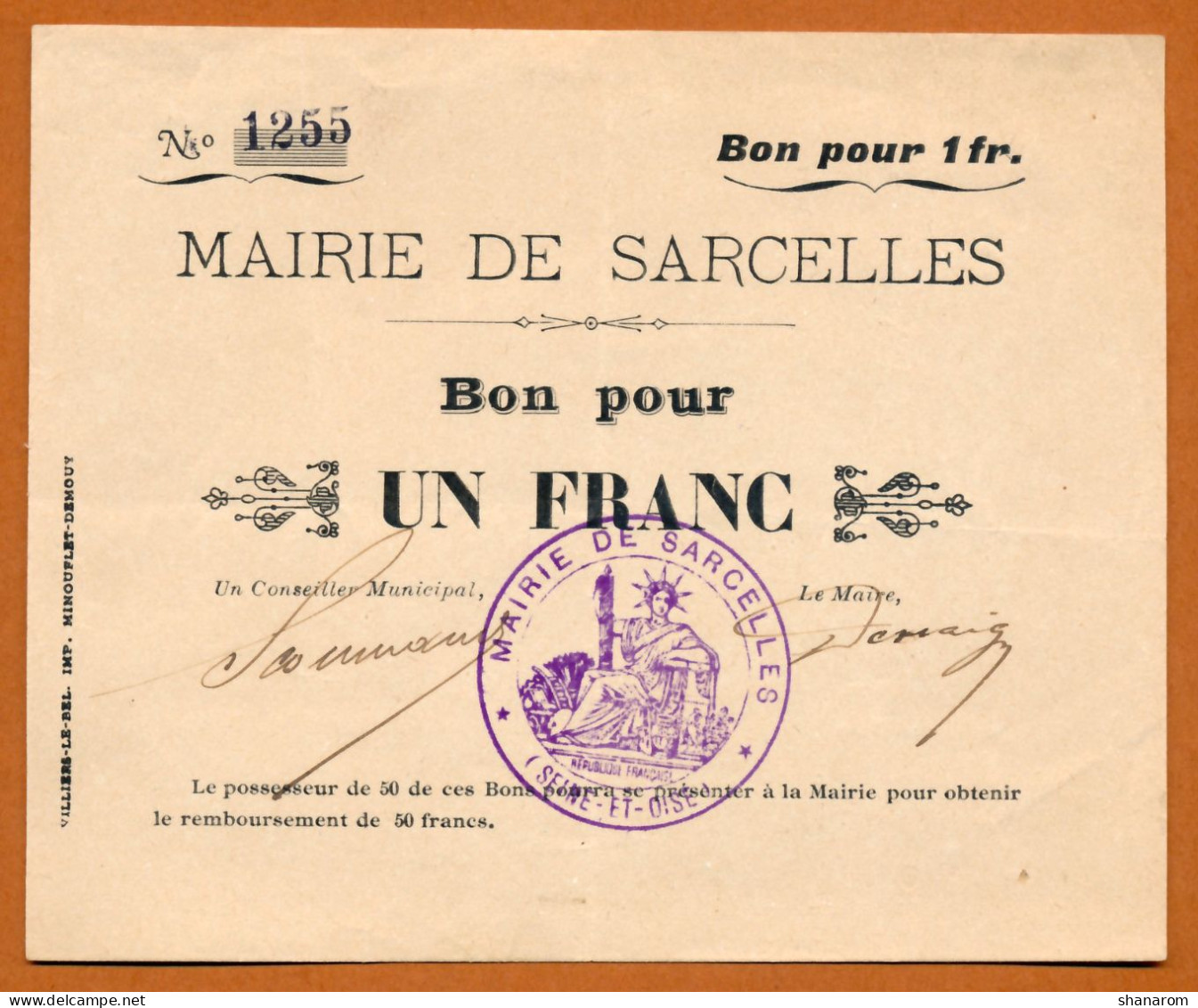 1914-1918 // VILLE DE SARCELLES (Val D'Oise 95) // MAIRIE // Bon Pour Un Franc - Bonos