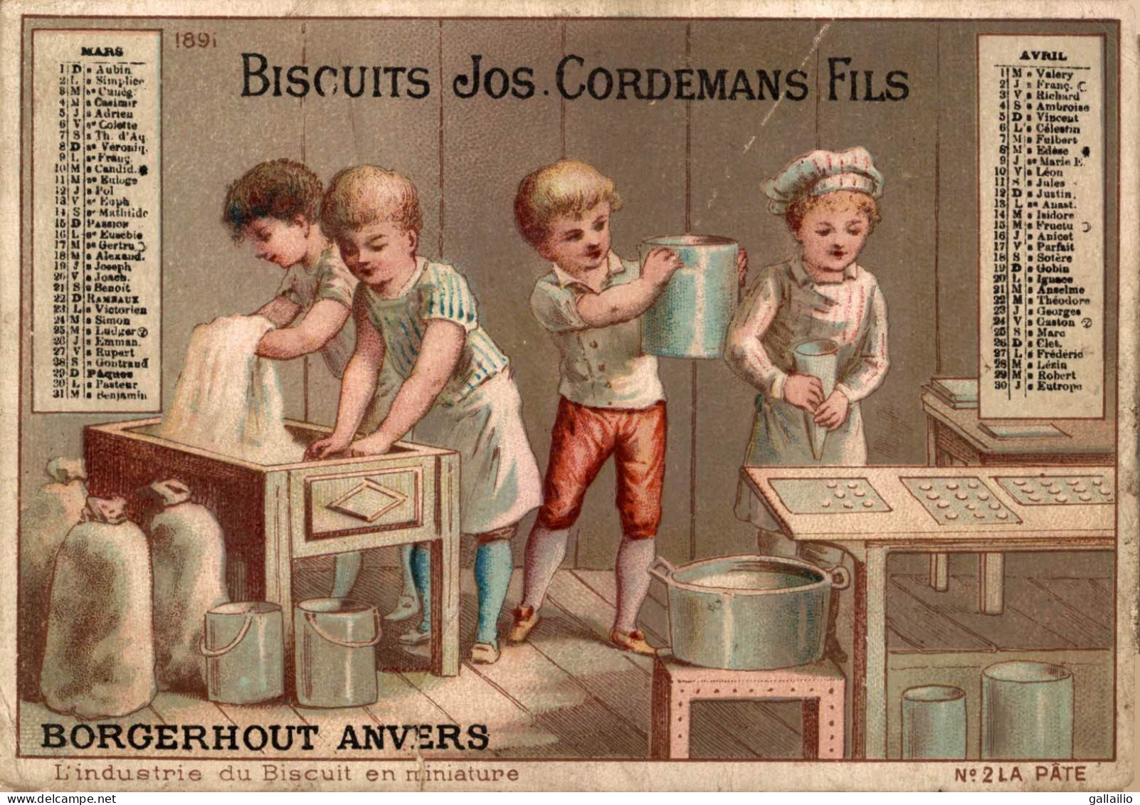 CHROMO GRAND FORMAT BISCUITS JOS CORDEMANS ANVERS CALENDRIER 1891 - Other & Unclassified