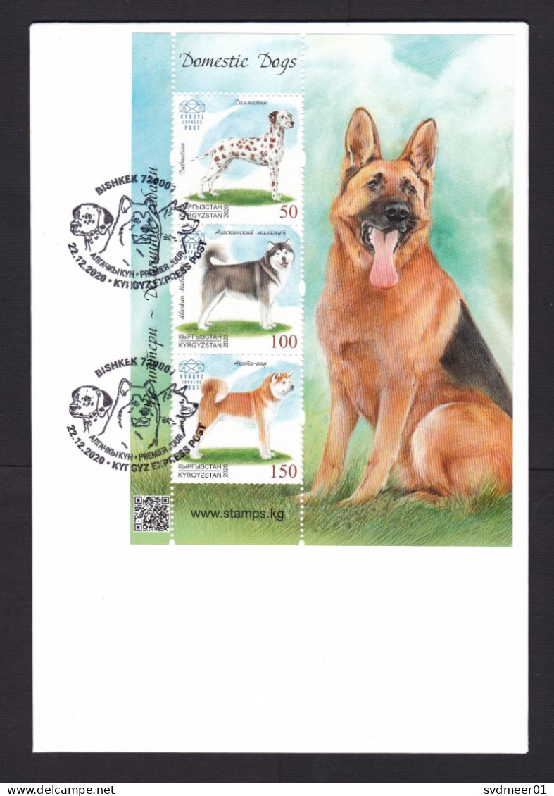 Kyrgyzstan: Cover, 2020, 3 Stamps, Souvenir Sheet, Dogs, Dog, Pet Animal, First Day Cancel, FDC (traces Of Use) - Kirghizistan