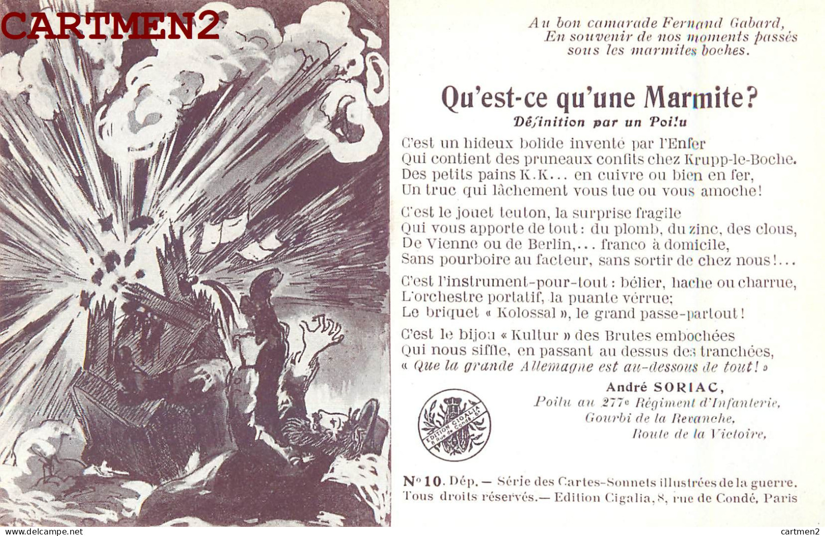 POCHETTE DE 10 CPA : CARTES SONNETS GUERRE 1914-1918 PATRIOTISME ILLUSTRATEUR ANDRE SORIAC CIGALIA KAISER CARICATURE WW1 - Patriotic