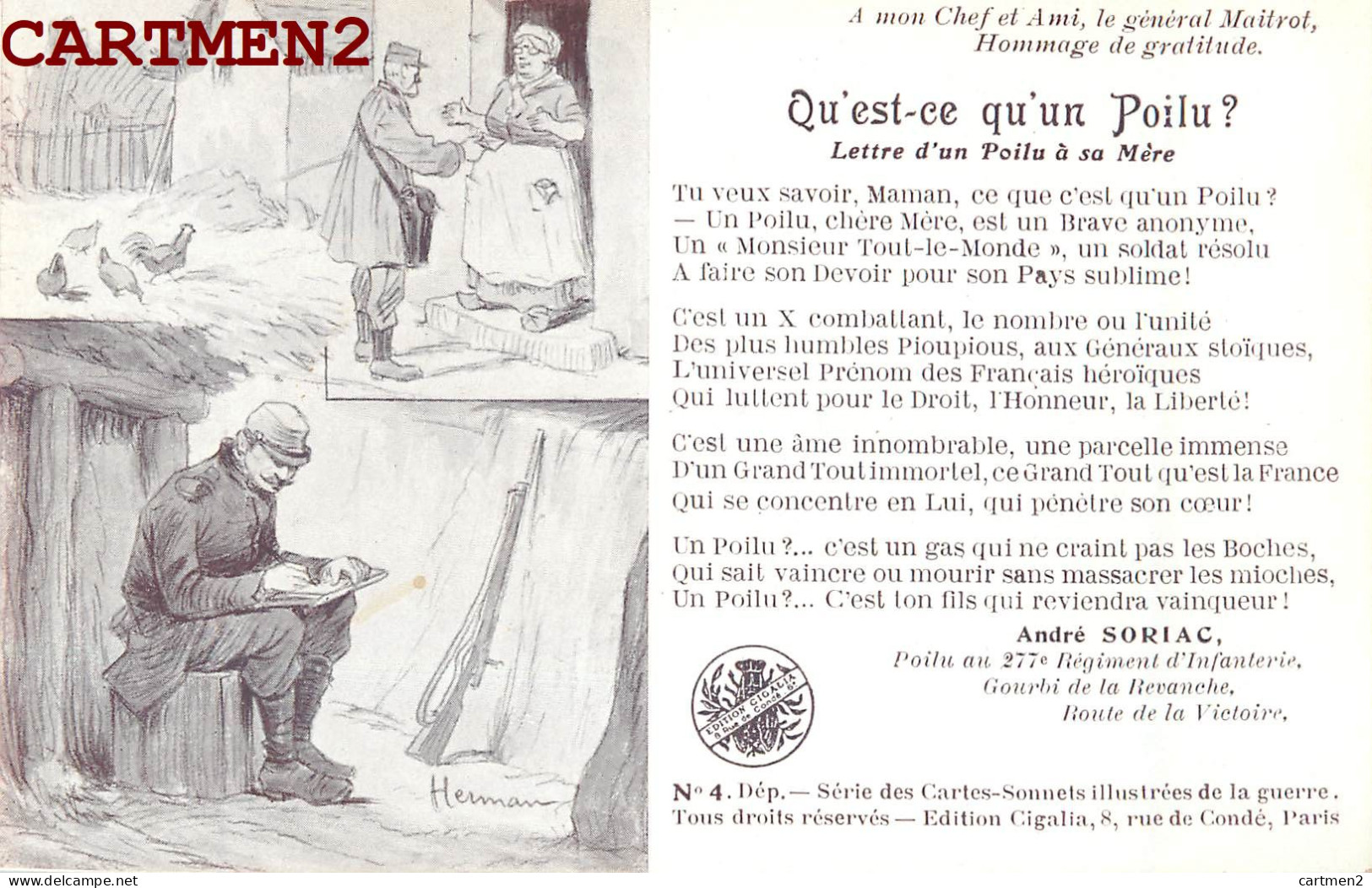 POCHETTE DE 10 CPA : CARTES SONNETS GUERRE 1914-1918 PATRIOTISME ILLUSTRATEUR ANDRE SORIAC CIGALIA KAISER CARICATURE WW1