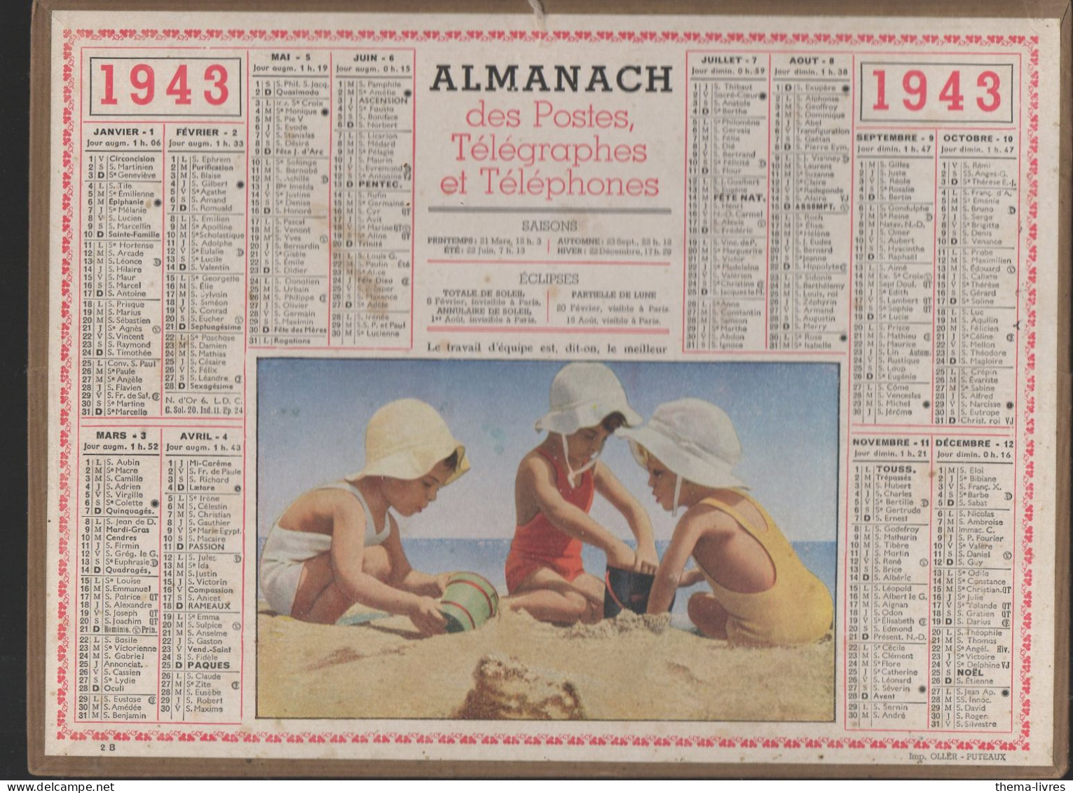 Calendrier PTT)  1943 :/imp Oller    Complet De Ses Feuillets ; (CAL PTT 1943M) - Groot Formaat: 1941-60