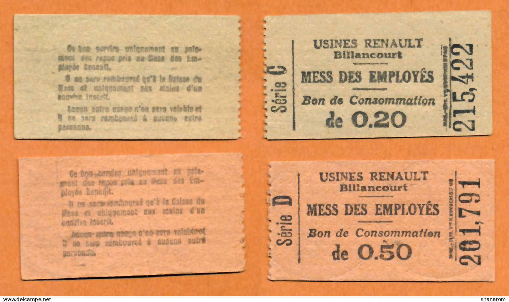 1914-1918 // BOULOGNE-BILLANCOURT (Hauts De Seine 92) // USINES RENAULT // MESS DES EMPLOYES // Bon De 20 & 50 Centimes - Bonds & Basic Needs